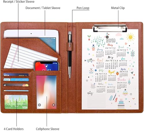 Miniatura 2 de WAVEYU Carpeta portadocumentos de piel para portafolio de negocioscurrículum, cartera de cuero para entrevistas, cartera de negocios, organizador de