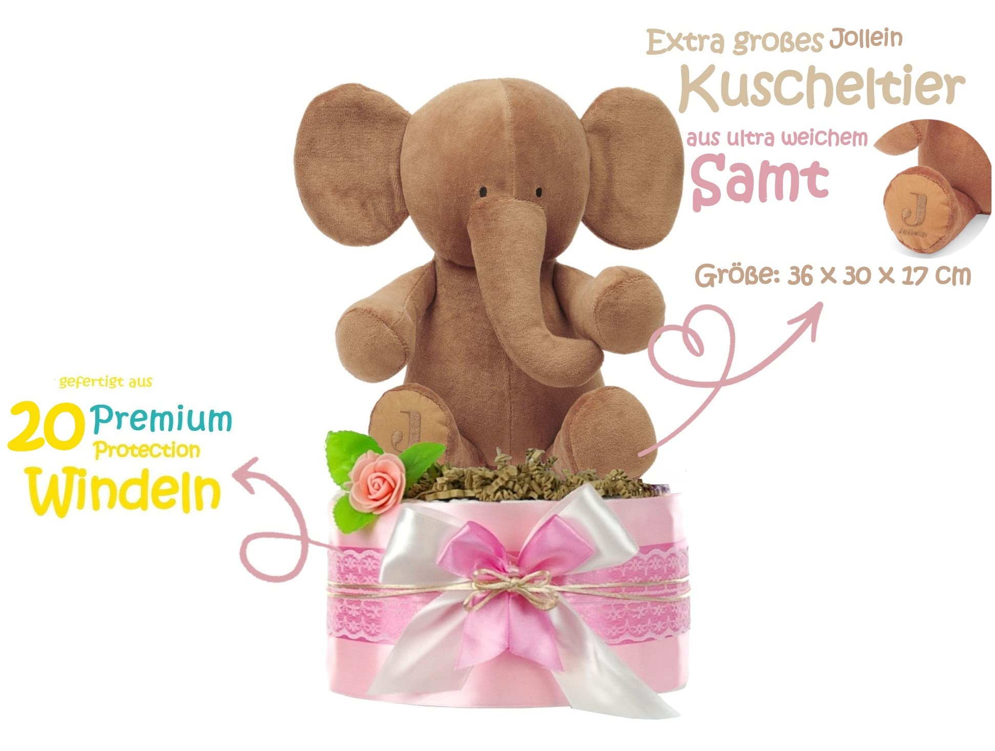 Windeltorte Mädchen LITTLE PEANUT + großes Kuscheltier Elefant mit Name | Geschenk für Mädchen zur Geburt Babyparty Babyshower (rosa) (unbedruckt)