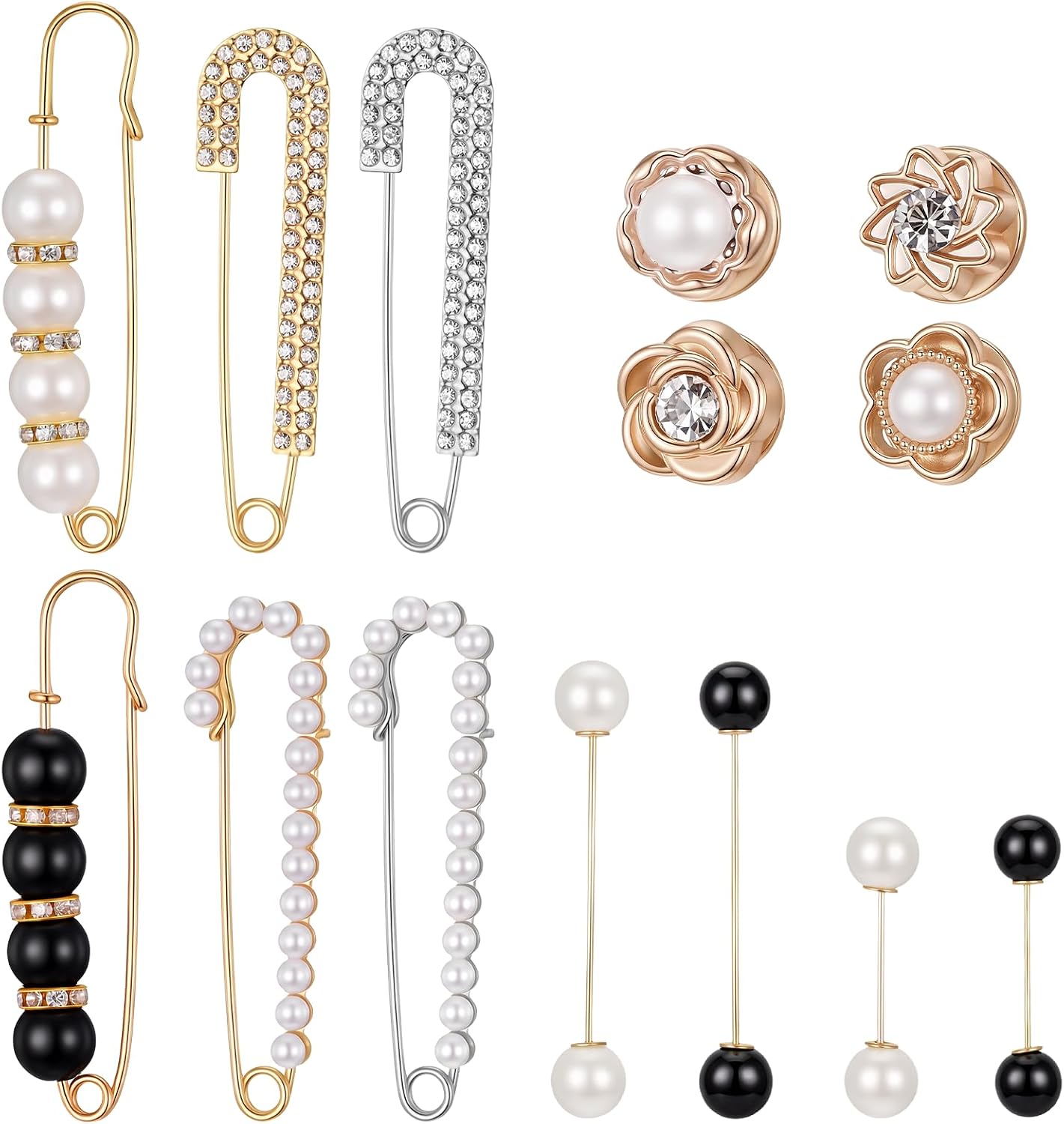 14pcs Pearl Brooch Pins Safety Pins Decorative Safety Pin Pant Waist Tightener Small Pin for Sweater Shawl Shirt Skirts Dresses Pants Sleeves Hats Collars Scarves Bags Wedding Gold Silver Blac