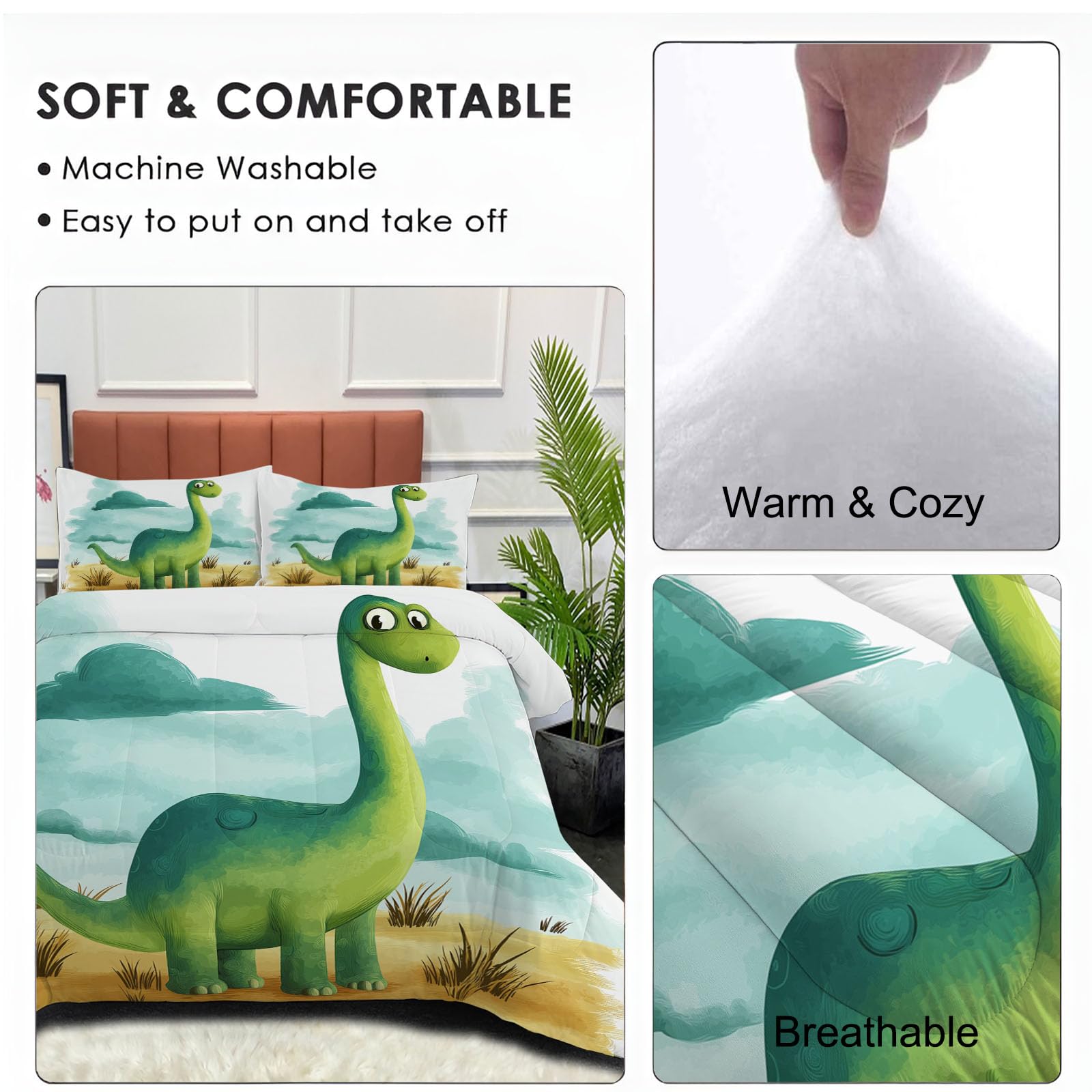 Trapunta Invernale in Ecopiuma, 260x230cm Set Piumone Bambino Imbottita 200 gr/mq Caldo e Morbido Piumino Trapuntato Dinosauro Cartoni Animati Coperta Letto Reversibile per 4 Stagioni, Azzurro Chiaro