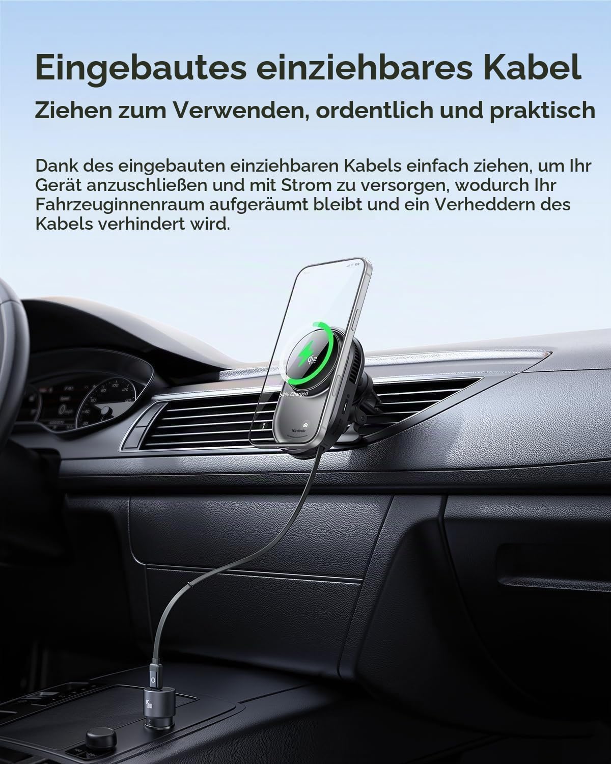 Mcdodo Qi2.2 25W MagSafe Autohalterung Ladegerät mit 77cm Einziehbarem Kabel, TEC-Doppelkühlung, Starker N52 Magnet, 360° Drehbar für Lüftung & Armaturenbrett, Kompatibel mit iPhone 12-17