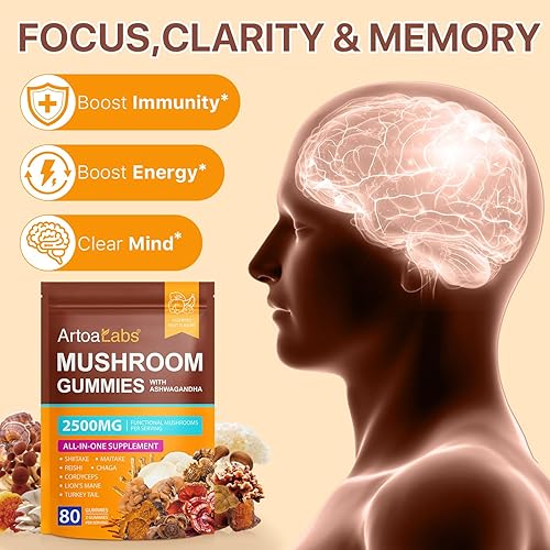 Miniatura 3 de Gomitas de hongos con Ashwagandha de 2500 mg de suplemento de hongo de melena de león, mezcla orgánica de reishi, cordyceps, cola de pavo y más,