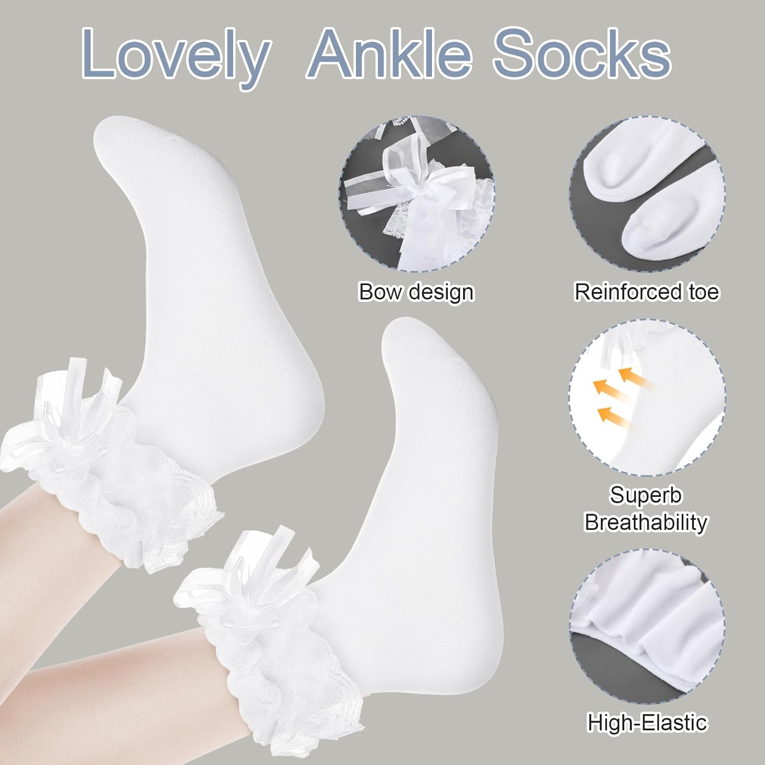 8 Pairs Women's Ruffle Ankle Socks, White Lace Cotton Frilly Socks Cute Breathable Cool Thin Sock for Women - Image 2
