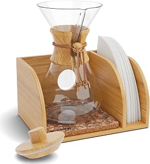 HEXNUB Pour Over Caddy with Lid for Chemex Bodum Cosori Coffee Makers Cork | Handmade Bamboo Stand, Lid, Filter Holder, Heatproof Mat for a Cleaner Coffee Station