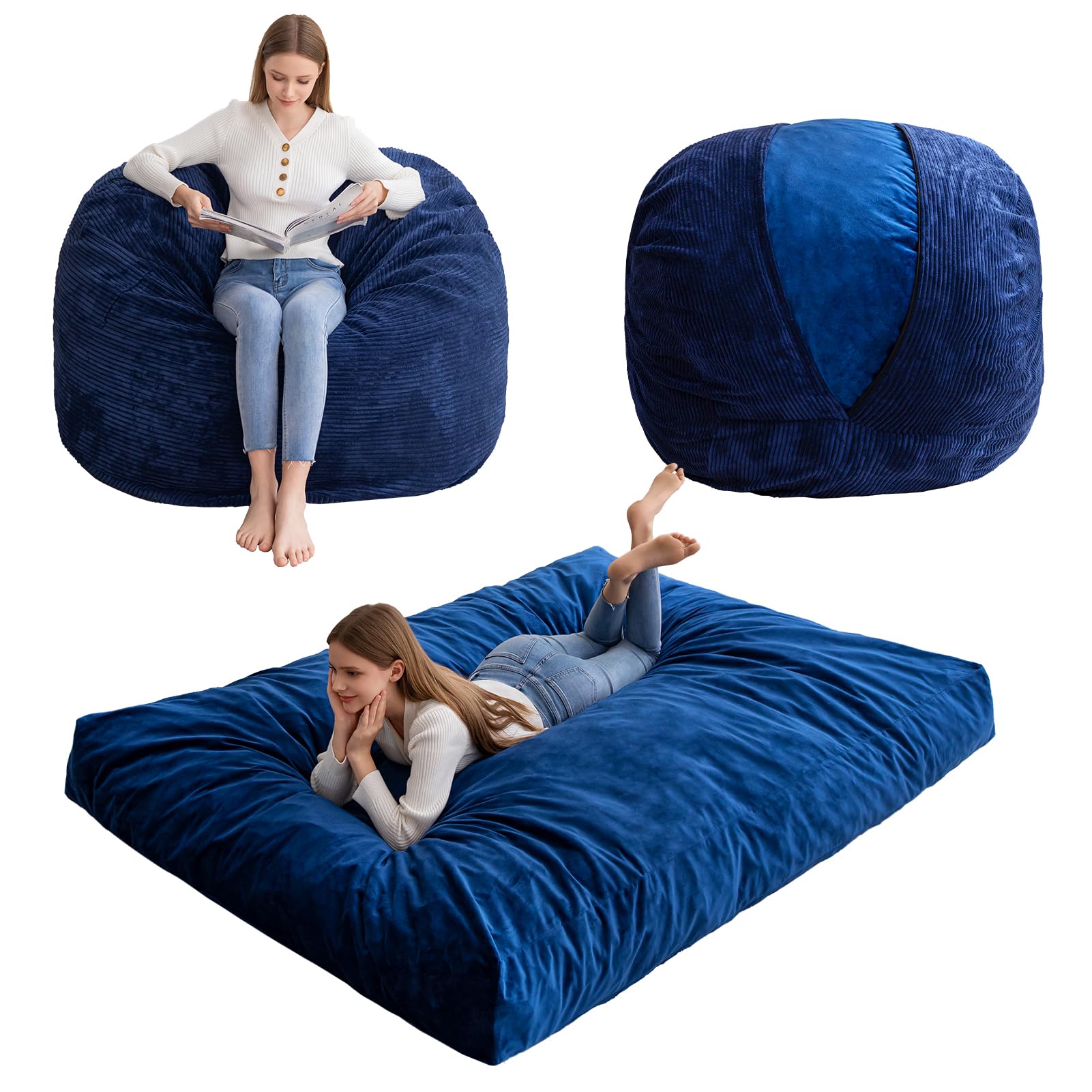 higogogo giant bean bag chair bed for adults,convertible beanbag folds from lazy chair to floor mattress bed,large floor sofa couch for adult,couples,family,high-density foam filling, machine washable