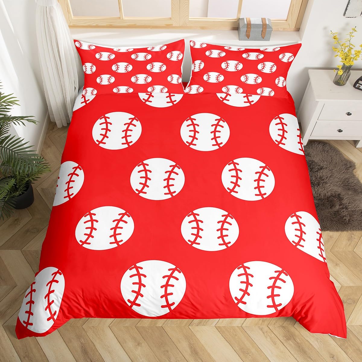 Homewish Zestaw pościeli baseballowej z podwójnym łóżkiem dla dzieci nastolatków dorosłych, czerwona poszewka na kołdrę do baseballu sportowa poszewka na kołdrę sportowe zestawy łóżek do gry