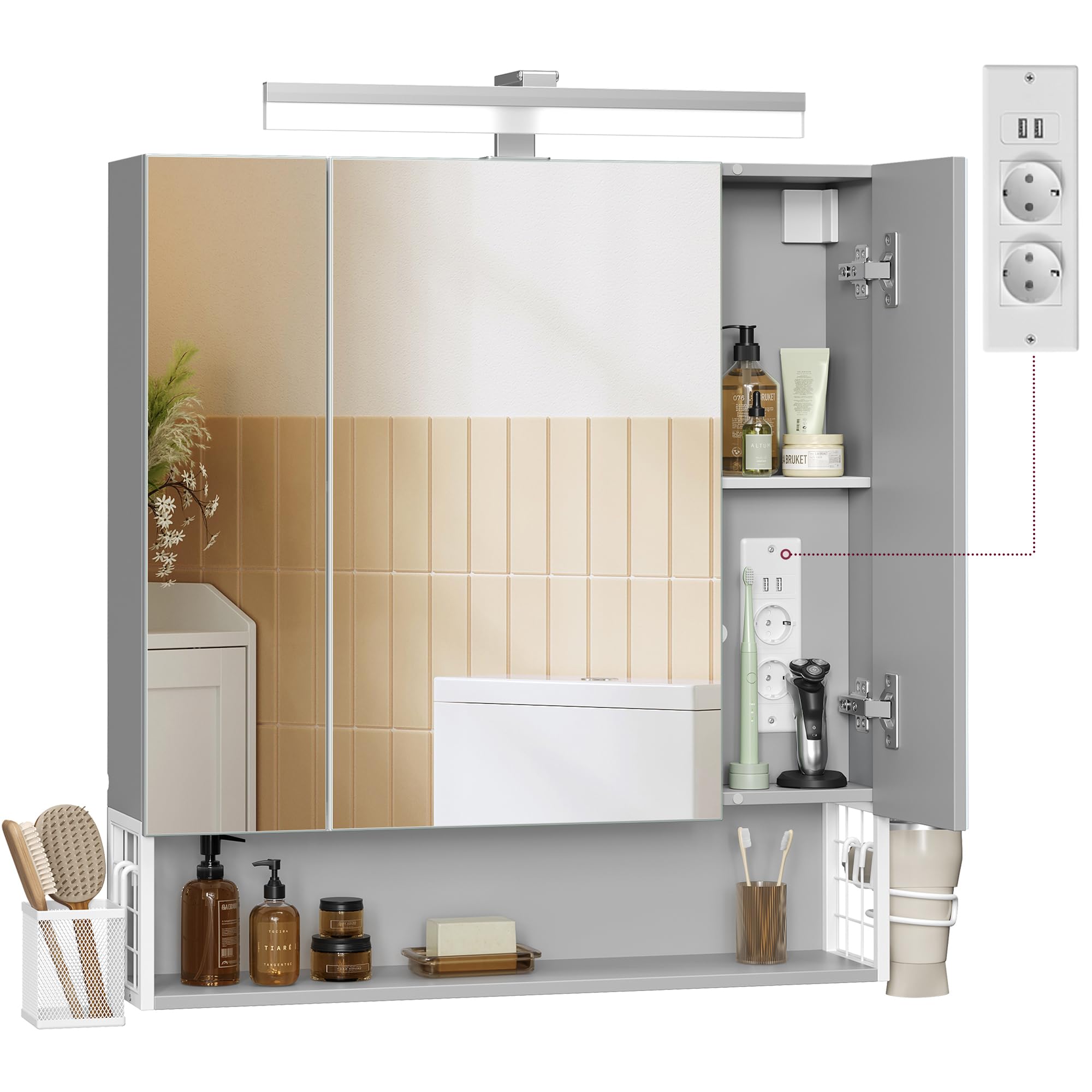 VASAGLE Spiegelschrank Bad mit Beleuchtung, 16,5 x 70 x 75 cm, Steckdosen, Hängekorb, Haartrockner-Halter, Spiegelschrank, Badschrank, Wandschrank, für Badezimmer, wolkenweiß-Taubengrau BBK126G01