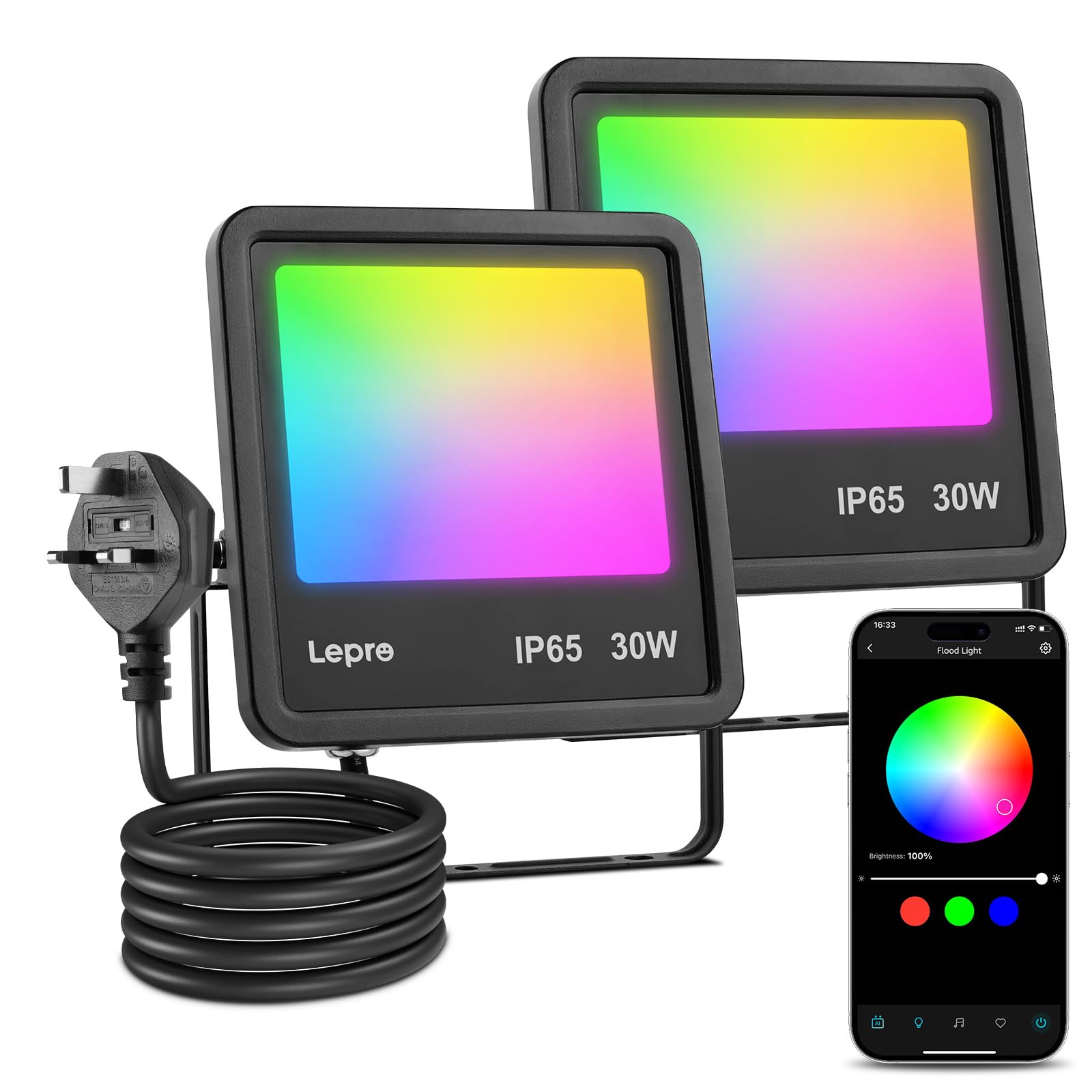 Lepro Led Flood Light Outdoor 30w, 2pack Colour Changing Floodlight App Control, 16M Colors DIY LightGPM AI Mode, Music Sync, Voice Control with Alexa&Google, Timer, IP65 Waterproof for Outdoor Garden