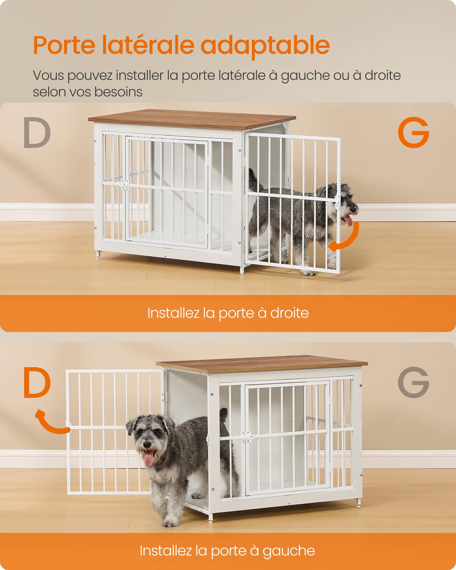 Feandrea Meuble Cage pour Chien, Table d’Appoint, avec Fond Plein, Maison de Chien 2 Portes, 82 x 55 x 64 cm, pour Chiens Jusqu’à 20 kg, Blanc Nuage et Marron Miel PFC022KB01