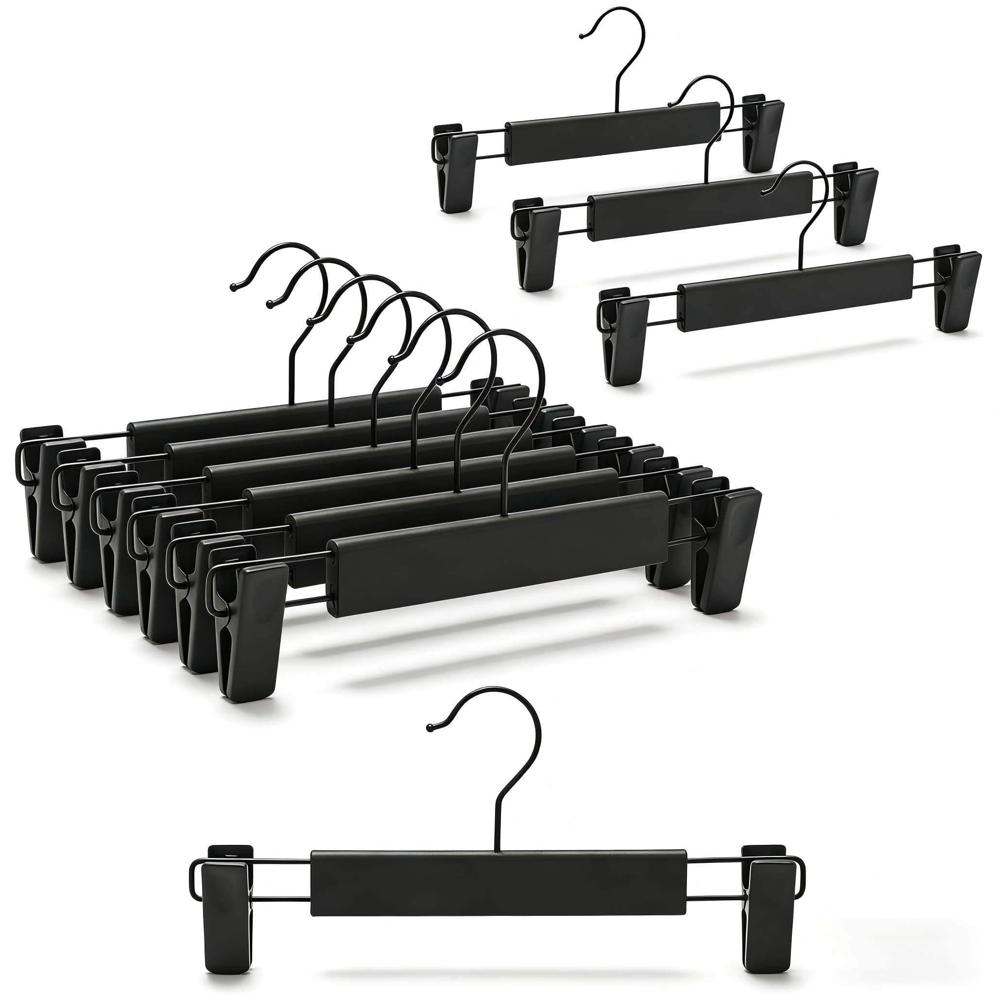 Multifunctional 10 Pack Black Plastic Garment Hangers, 360° Swivel Hook Adjustable Non-Slip Clips, Space-Saving Scratch-Proof Rust-Resistant, for Closet Tidy Jeans Skirts Towels Dresses