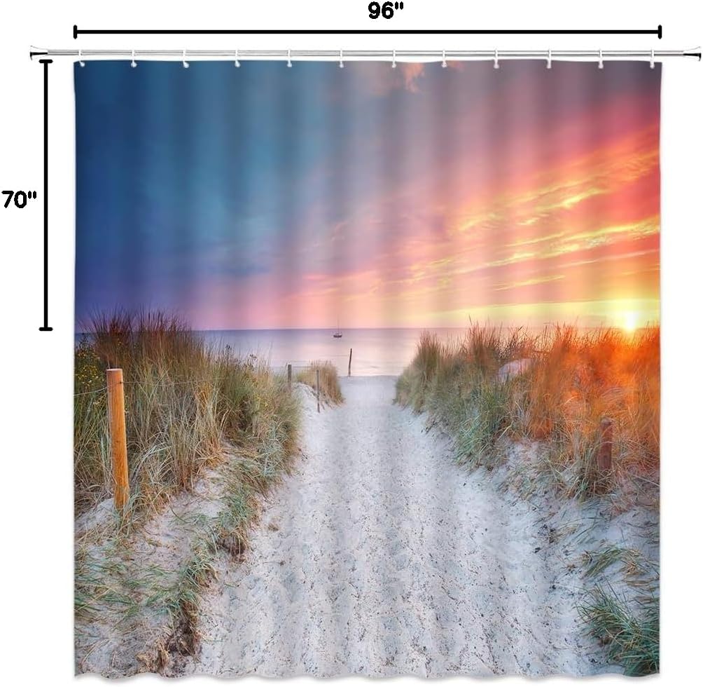Ocean Sunset Shower Curtain Tropical Sea Beach Sunrise Costal Seaside Exotic Sky Peaceful Nature Scenery Bathroom Decor Fabric Curtain with Hooks