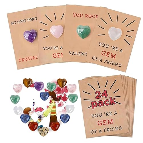 LESANM Regalos para el día de San Valentín para niños, paquete de 24 cristales en forma de corazón con tarjetas de San Valentín, regalo de