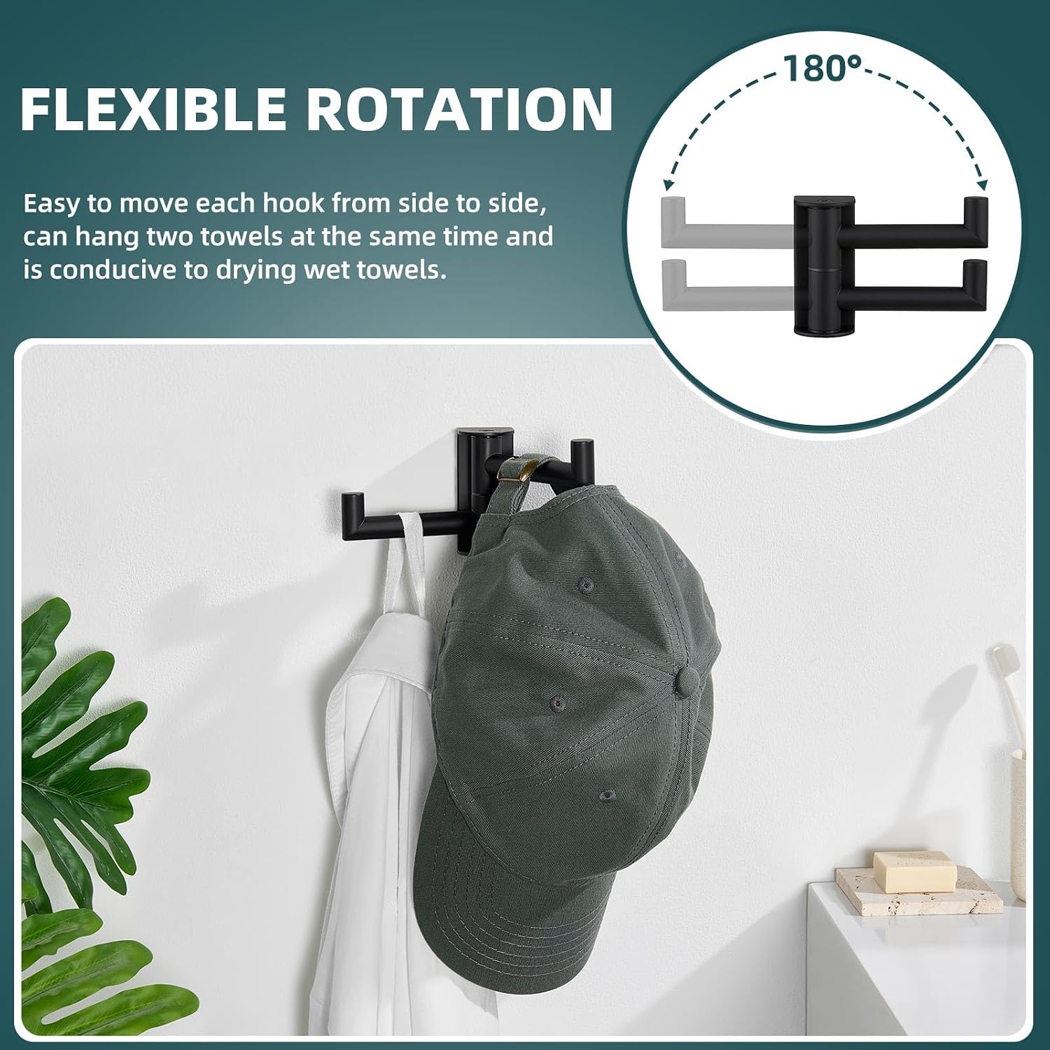 Suyar Matte Black Double Towel Hook, Bathroom Swivel Robe Coat Hook 2 Arms | Rotating Towel Holder for Kitchen RV Storage, SUS304 Stainless Steel Space-Saving Hand Towel Holder, Wall Mounted