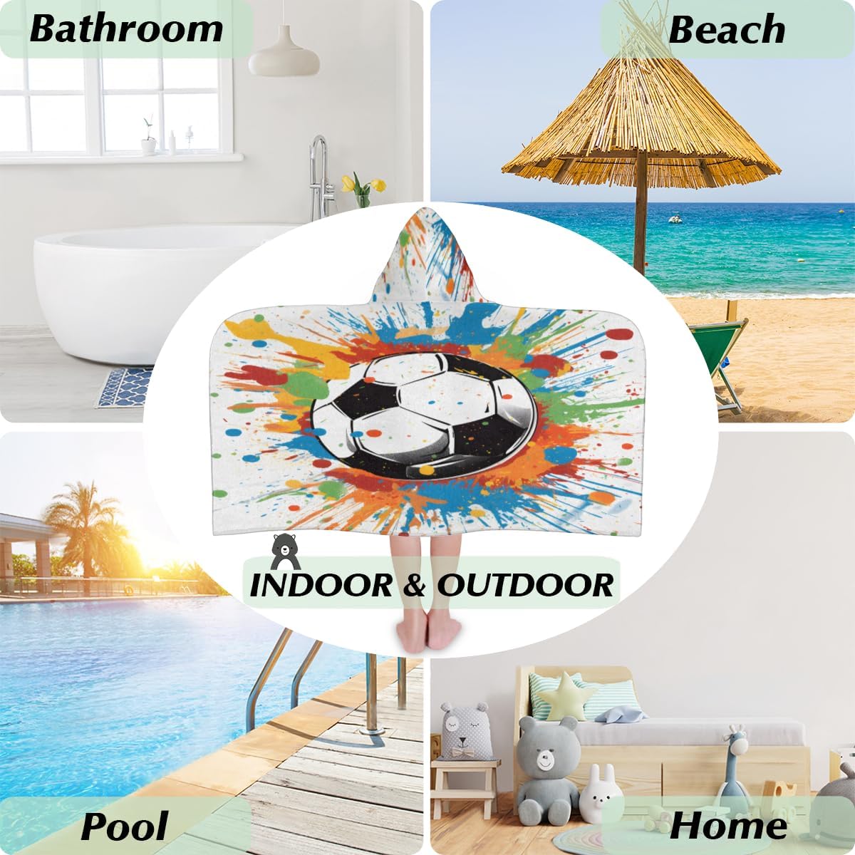 Pardick Kids Bath Towel Colorful Ball Soccer Beach Towel with Hood Pool Cover Up for Girls Boys Soft Absorbent Hooded Bath Towel Toddler Towels for Beach, Pool