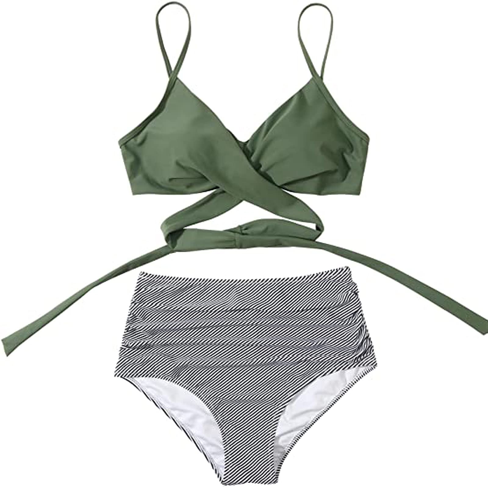 Firzero Womens Swimsuits High Waisted 2 Piece Swimsuit High Waisted Ruched Bikini Sets Knot Twist Cut Out Bathing