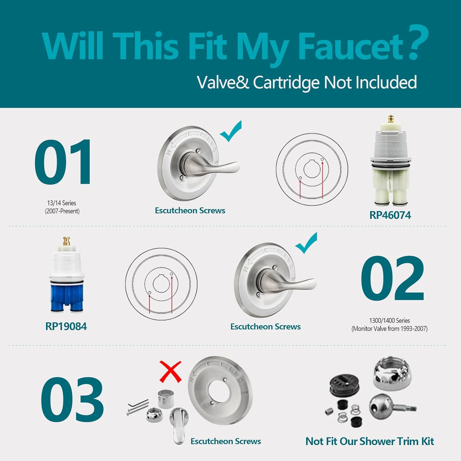 shower trim kit compatible with 13/14 series, shower cover plate with handle, brushed nickel(valve& catridge not inclued)