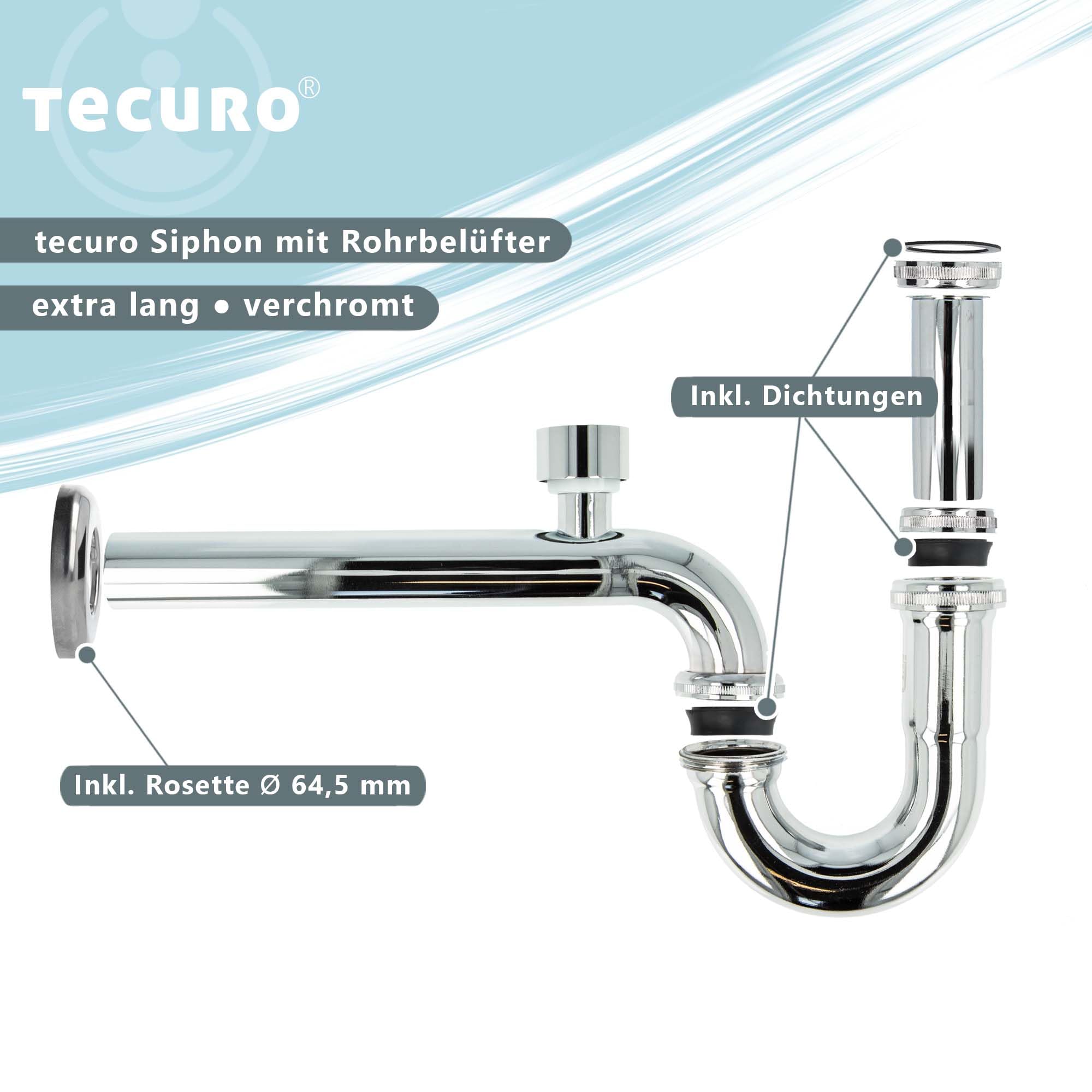 tecuro Röhrensiphon mit Belüftungsventil extra lang für Waschbecken 1 1/4 Zoll Anschluss - Messing hochglanzverchromt