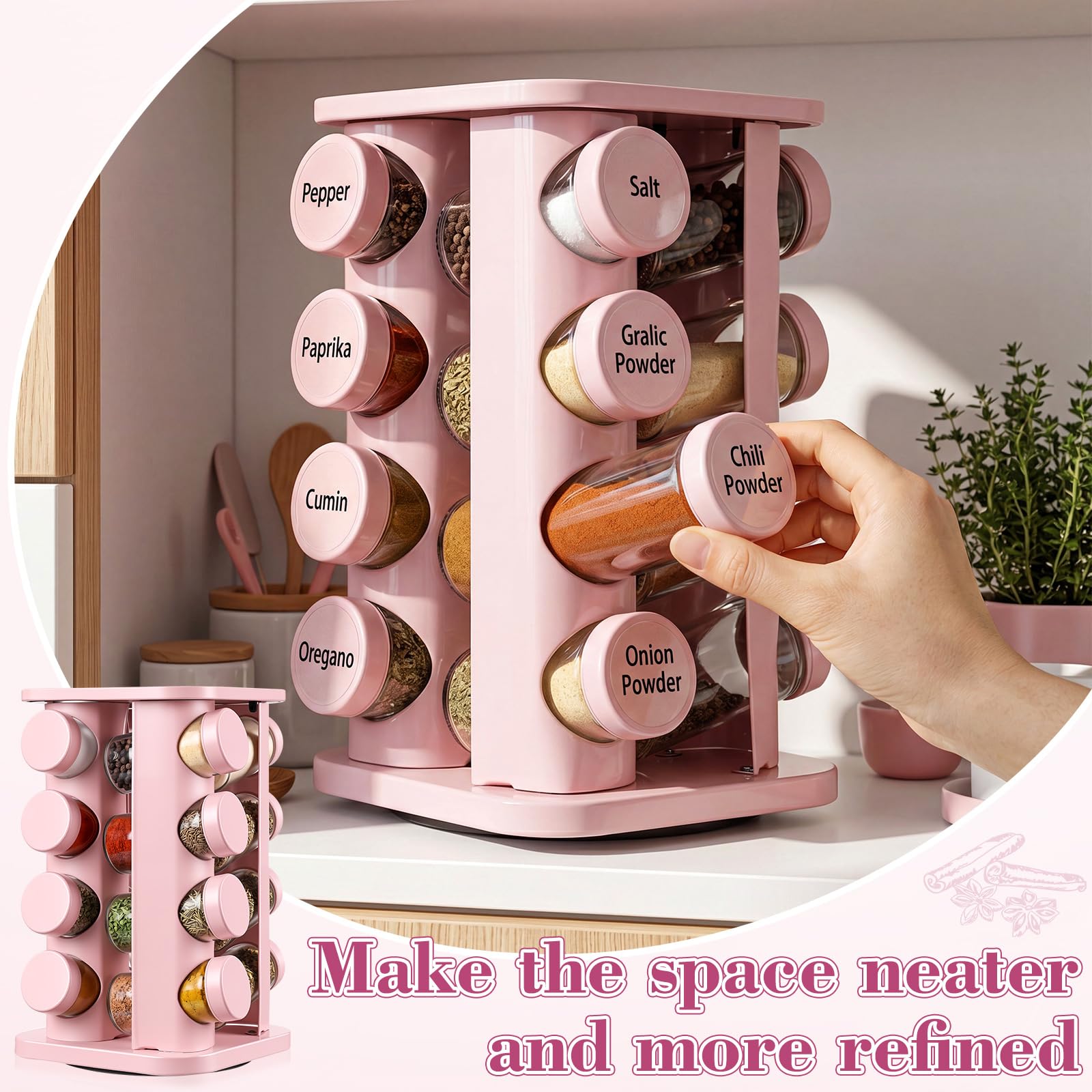 Yungyan Rosa quadratisches drehbares Gewürzregal Gewürz-Organizer mit 16 leeren Gläsern, Gewürzbehälter-Set mit Etiketten und Trichter, drehbares Gewürzregal für Küchenzubehör