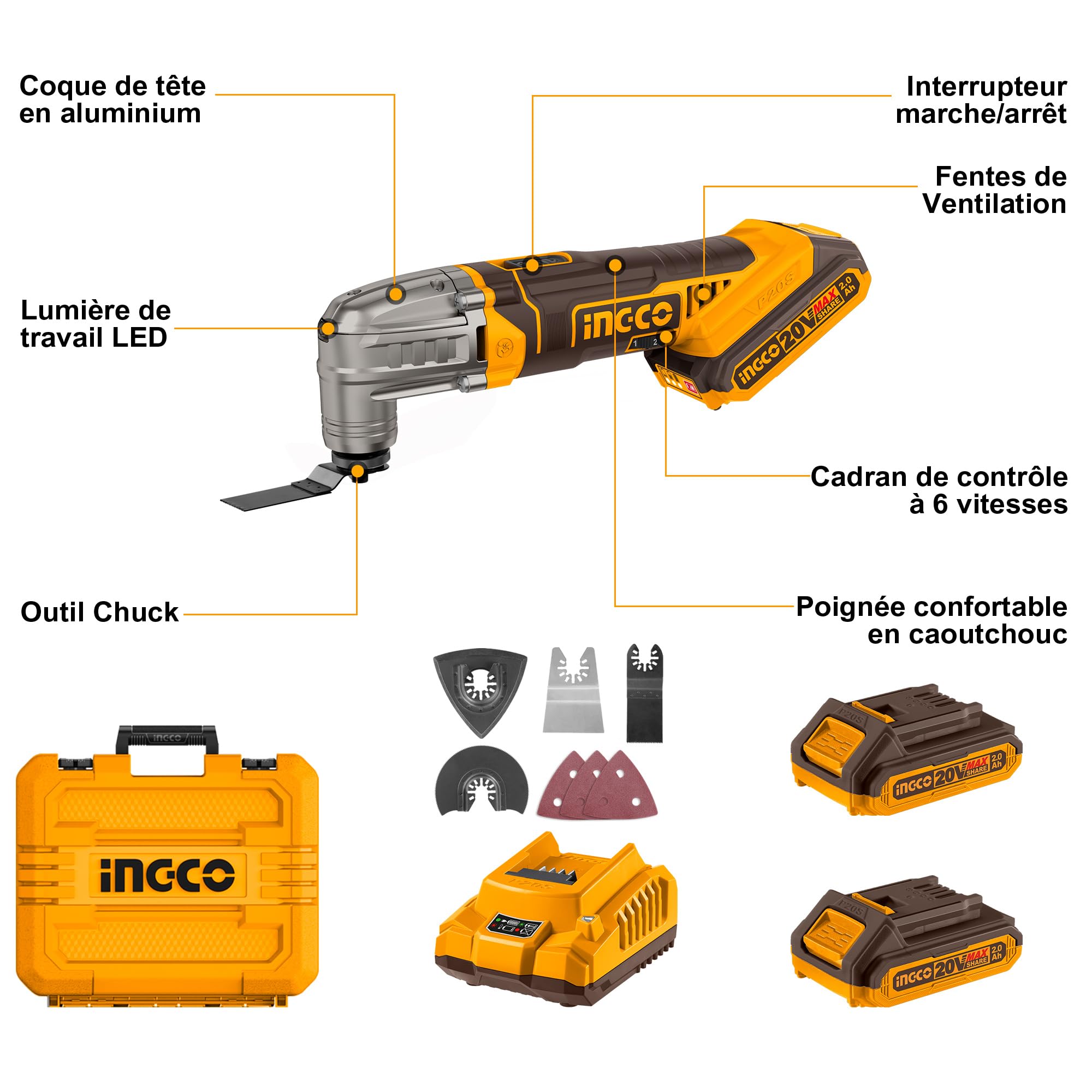 INGCO Outil Oscillant sans Fil 20V Outil Multifonction Oscillant, 6 Vitesses, 5000-20000 tr/min avec 2 Batterie 2,0 Ah et 1 Chargeur, 8 Pièces Accessoires pour Couper, Poncer, Gratter, Scier