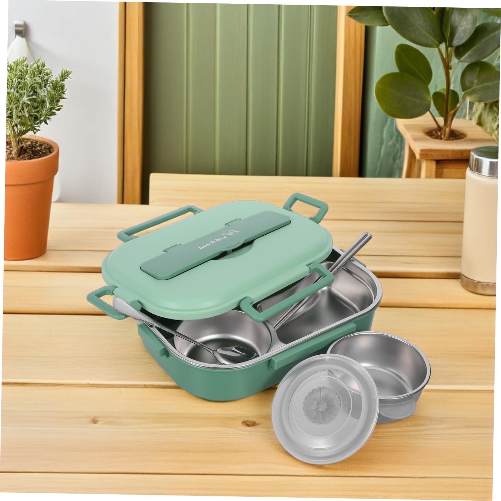Gatuida Boîte à Lunch Bento Acier Inoxydable Compartimentée Étanche Couverts et Bol à Soupe pour Repas Préparés