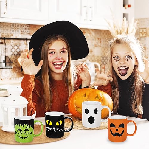 Miniatura 4 de Whaline Juego de 4 tazas de Halloween de 12 onzas con diseño de calabaza, gato, monstruo, fantasma, tazas de cerámica a juego para el hogar,