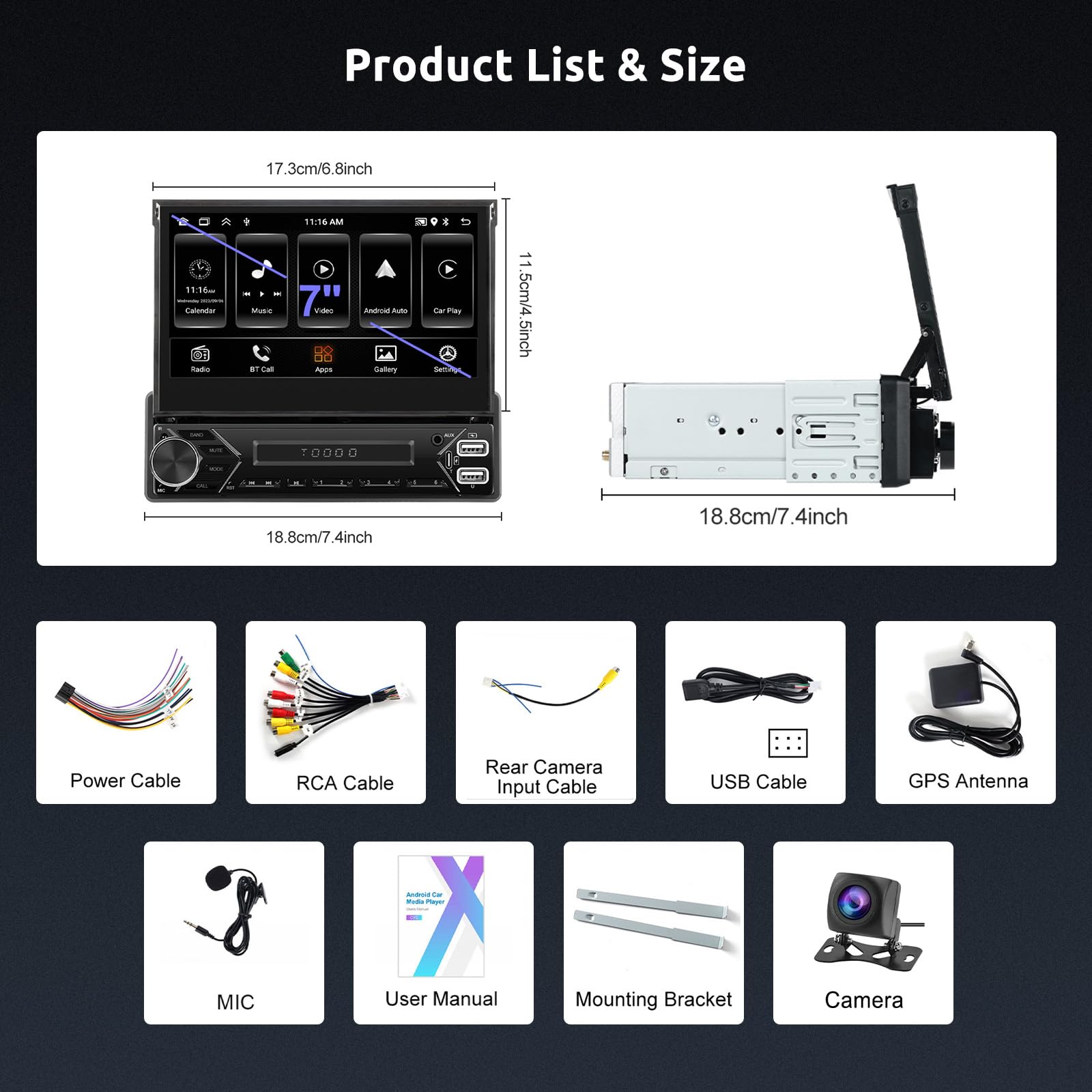 Hodozzy 2G+64G Android Radio Coche 1 DIN con Pantalla Retráctil con Inalambrico Carplay Android Auto Mirror Link, GPS, 7 Pulgadas HD Pantalla Reproductor MP5 WiFi USB/AUX EQ/RDS/FM Radio Cámara