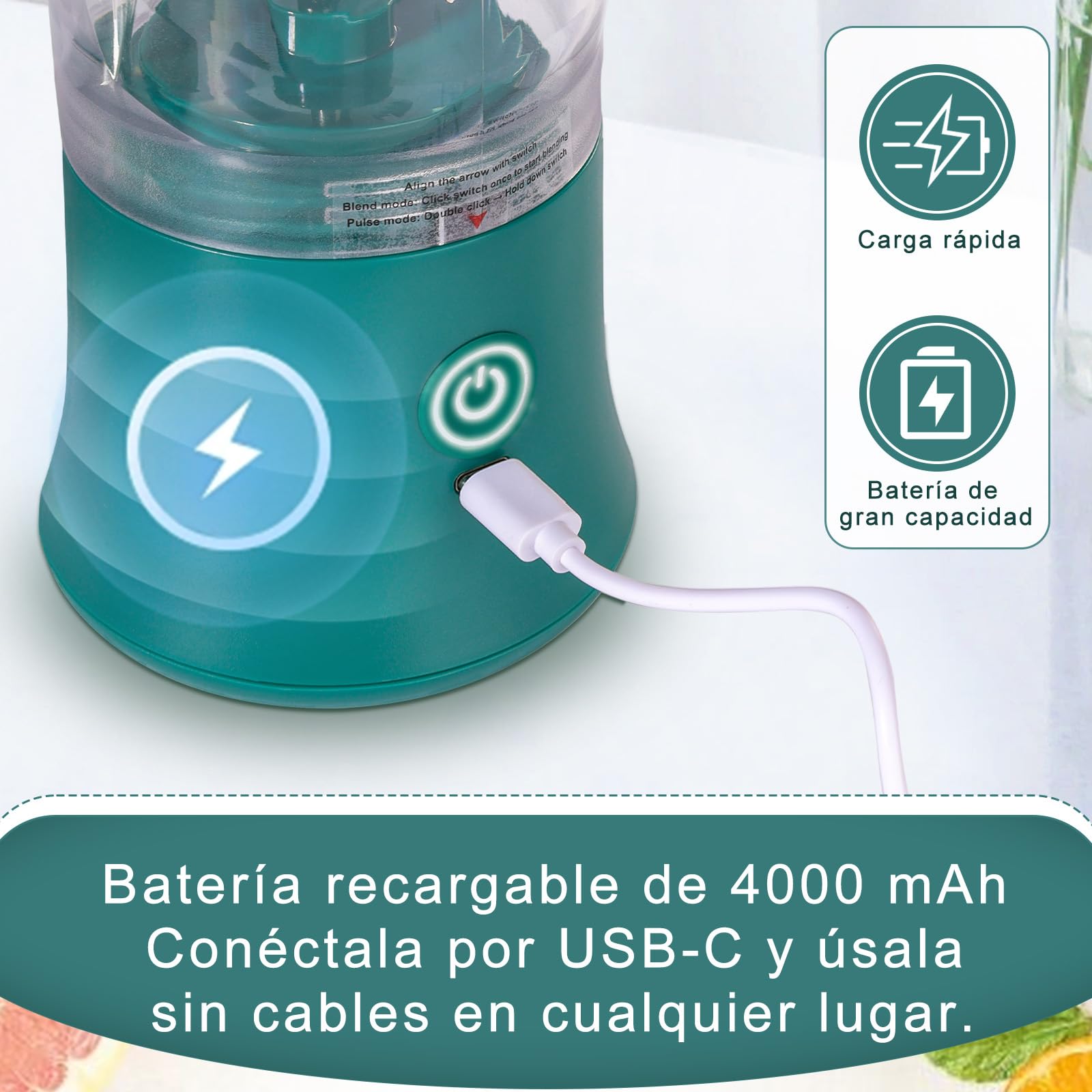 FRZA Batidora GO Portátil 600 ml con Batería 4000 mAh – Recargable USB, Cuchillas Inox para Batidos, Smoothies y Proteína – Vaso Ligero para Gimnasio, Oficina y Viajes