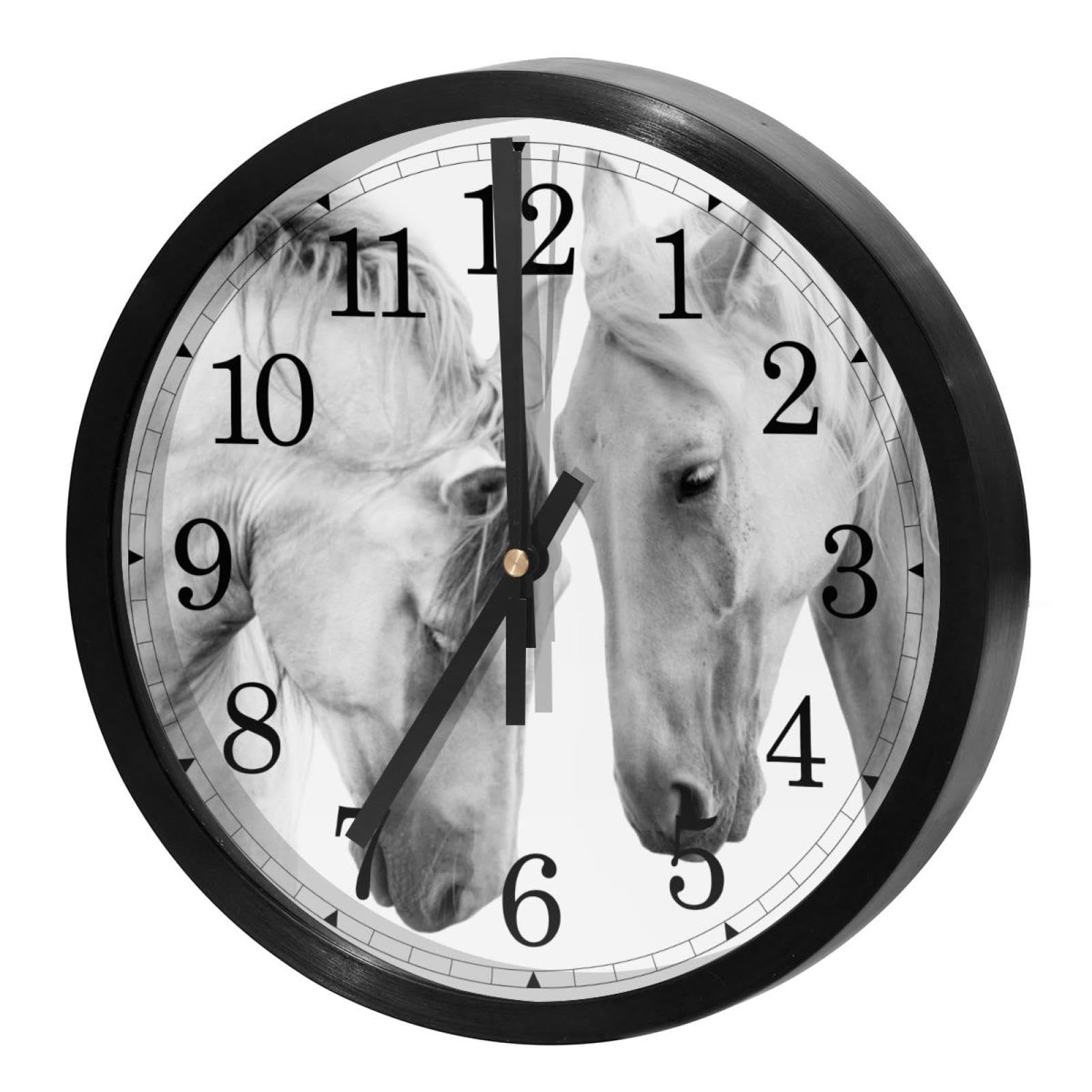 Horloge murale silencieuse à quartz motif cheval blanc ronde pour cuisine et bureau
