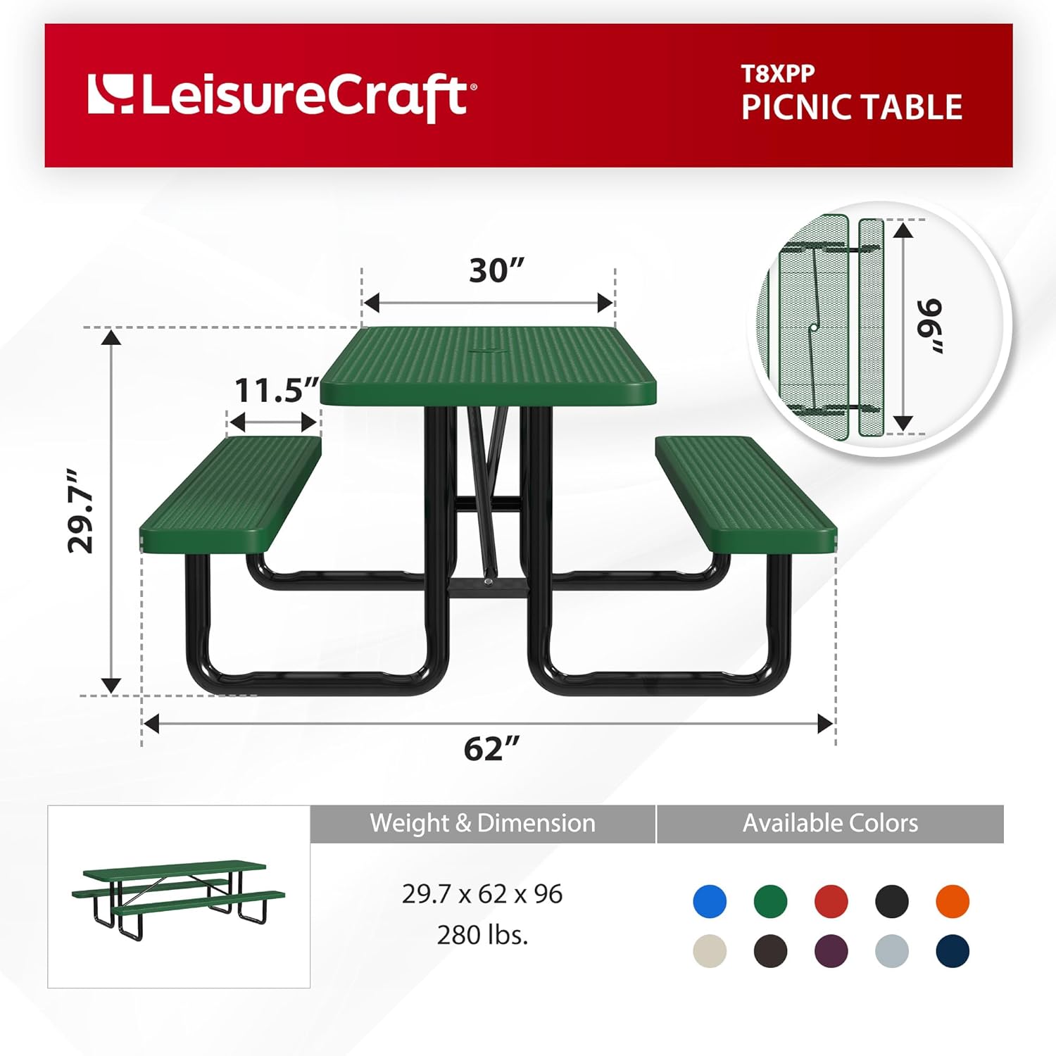Leisure Craft Metal Picnic Table with Bench - 8 ft Rectangle Outdoor Dining Table for 8, Umbrella Hole, Weatherproof Heavy Duty Thermoplastic Coating, Commercial Grade Furniture Made in USA - Green