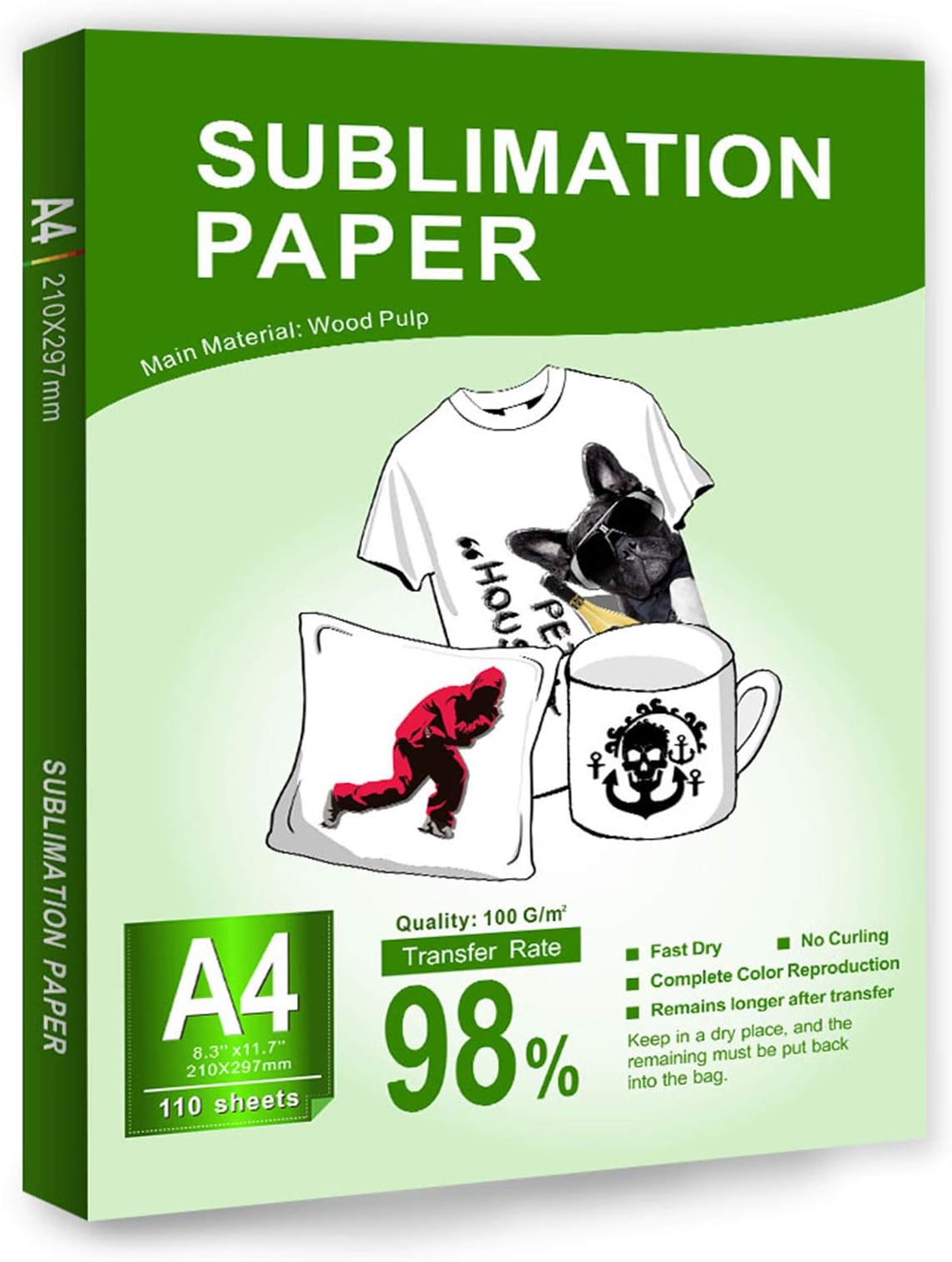 BetterSub Sublimation Paper Heat Transfer Paper 110 Sheets A4 Size for EPSON HP CANON Inkjet Printer with Sublimation Ink in Light Color Shirts Hat Cap Mug Cup