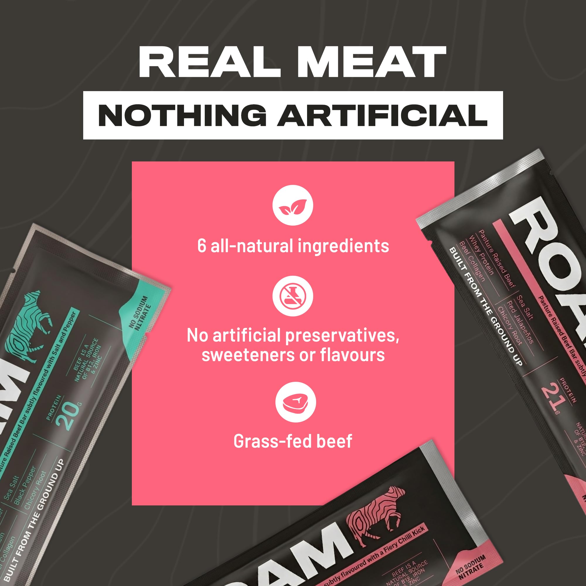 ROAM Beef Jerky Taster Pack, High Protein Snacks, 4er Probierpackung (2 x Beef Jerky Bars 45g, 2 x Beef Bites 70g) | Weiderindfleisch, wenig Zucker, ohne künstliche Aromen oder Konservierungsstoffe