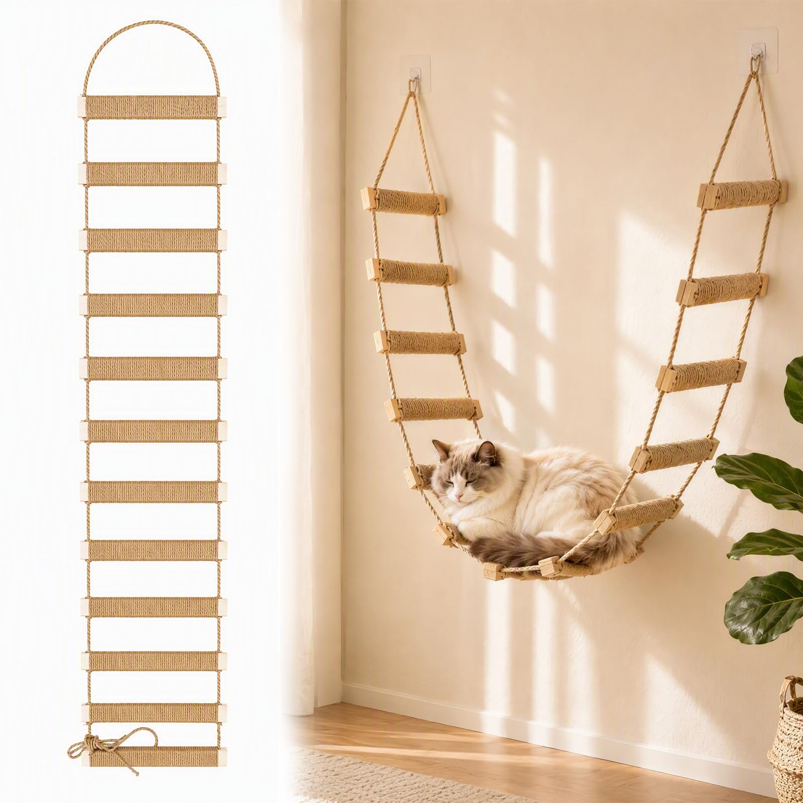 Wall-Mounted Cat Ladder, Cats Ladder Bridge, 150cm Hemp Hanging Cat Ladder
