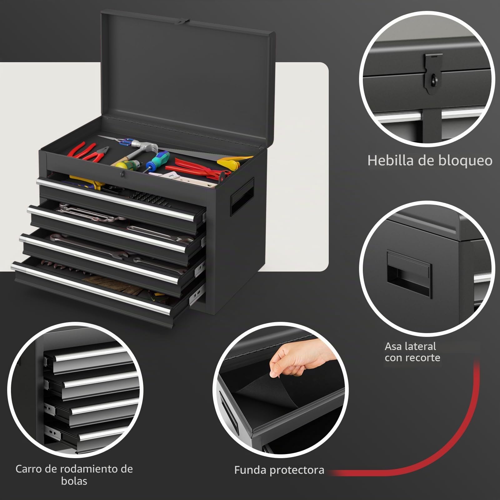 GOPLUS Carro de Taller Herramienta con Ruedas, Armario Completo, Carrinho Ferrramenta con 5 Cajas, Ganchos, 3 Estantes Ajustables y Alfombrillas Antideslizantes para Mecanico, Hogar (Negro)