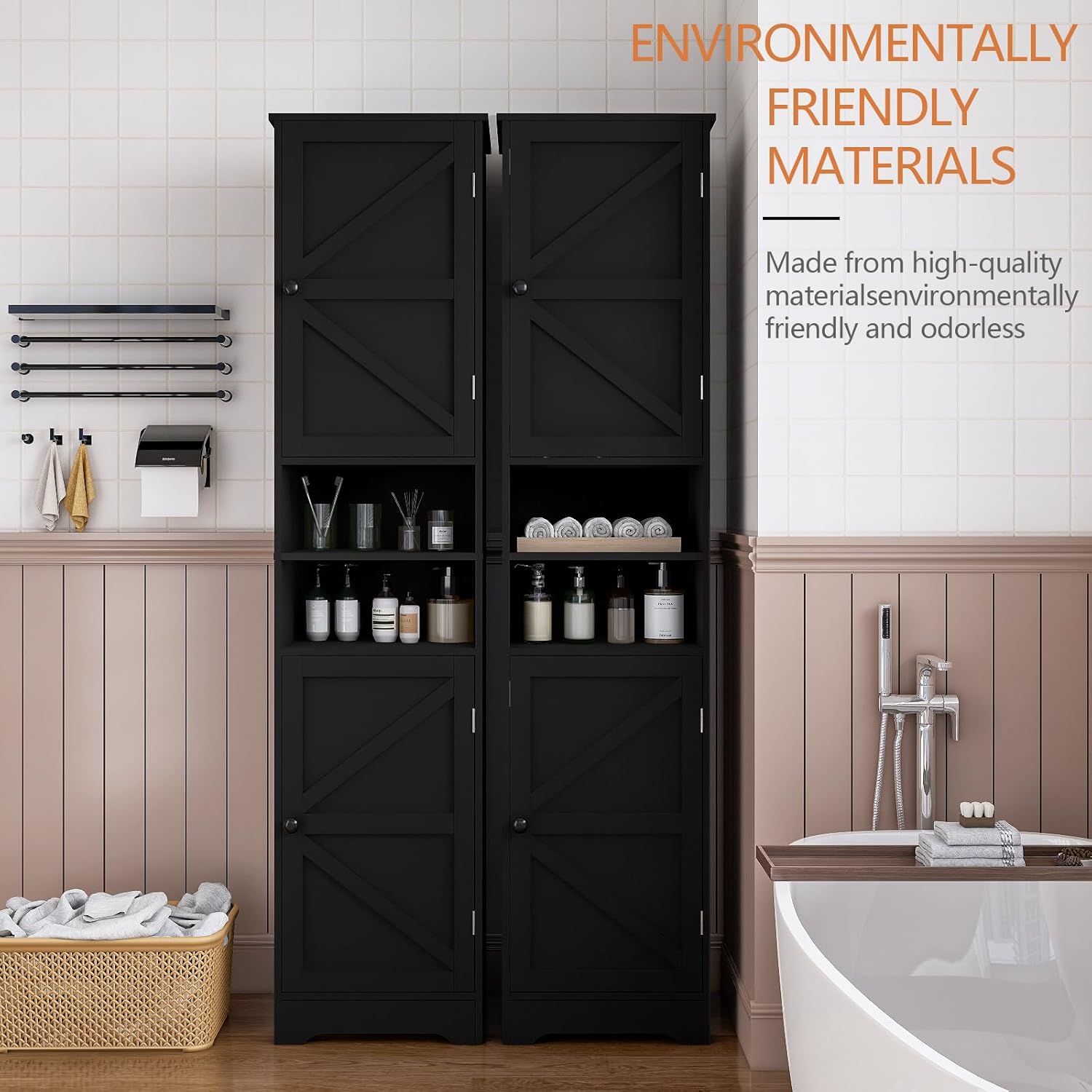 Viaozutis Tall Bathroom Storage Cabinet, Vertical Freestanding Organizer with Adjustable Shelf, Slim Design for Small Bathrooms, Towels & Toiletries Storage Black