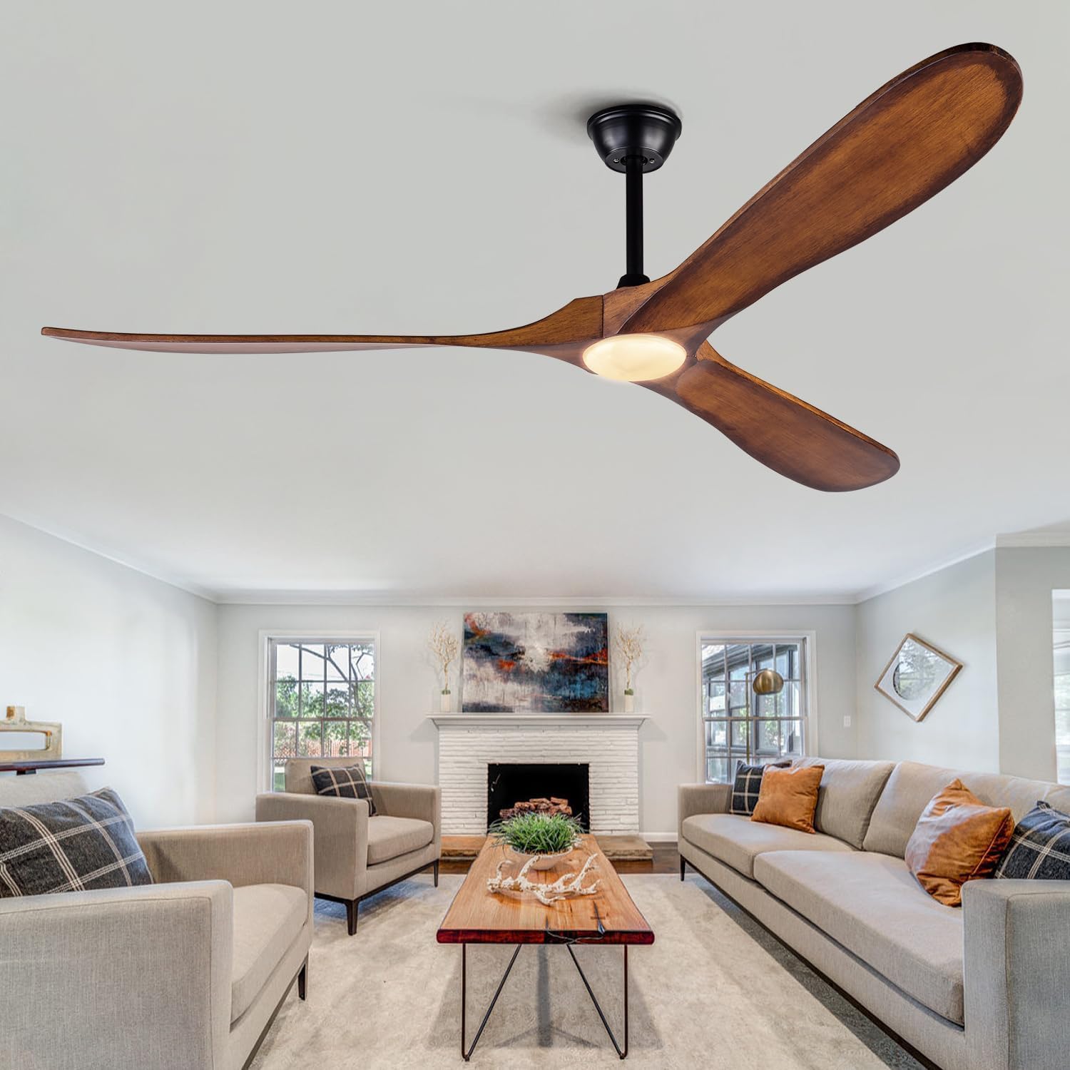 BOJUE 72 Inch Large Wood Ceiling Fans with Lights and Remote Control, 3 Blades Indoor Outdoor Modern Ceiling Fan with Light for Porch Living Room Bedroom, Quiet Reversible DC Motor