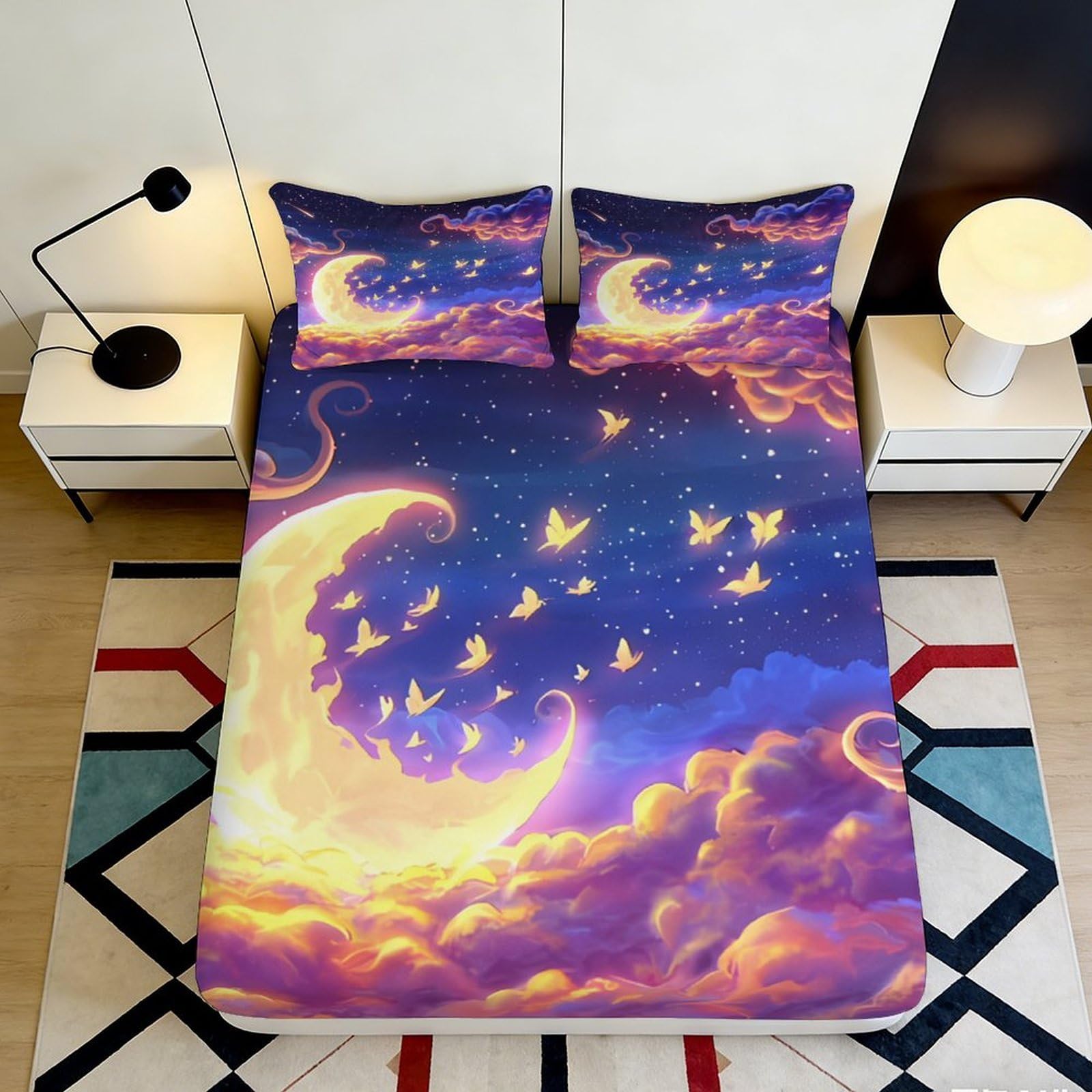 3D Printed Dreamy Moon Night Fitted Sheet Microfiber Soft Breathable Butterfly Bed Cover for Bedroom Dorm Decor 90x200x25cm