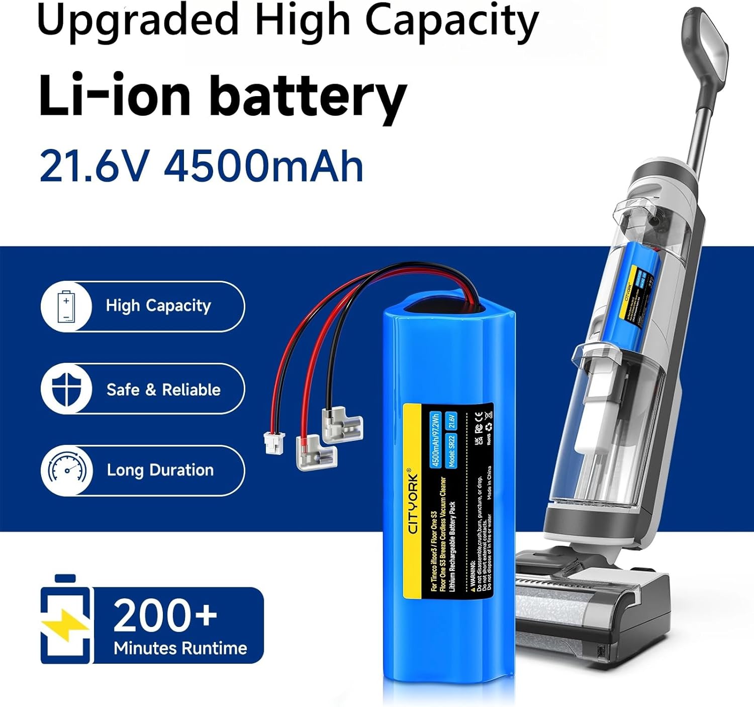 4500mAh Floor one S3 Battery Replacement for Tineco Vacuum Compatible with Tineco Floor ONE S3, Floor oneS3 Breeze Cordless Wet Dry Vacuum Cleaner, 21.6V