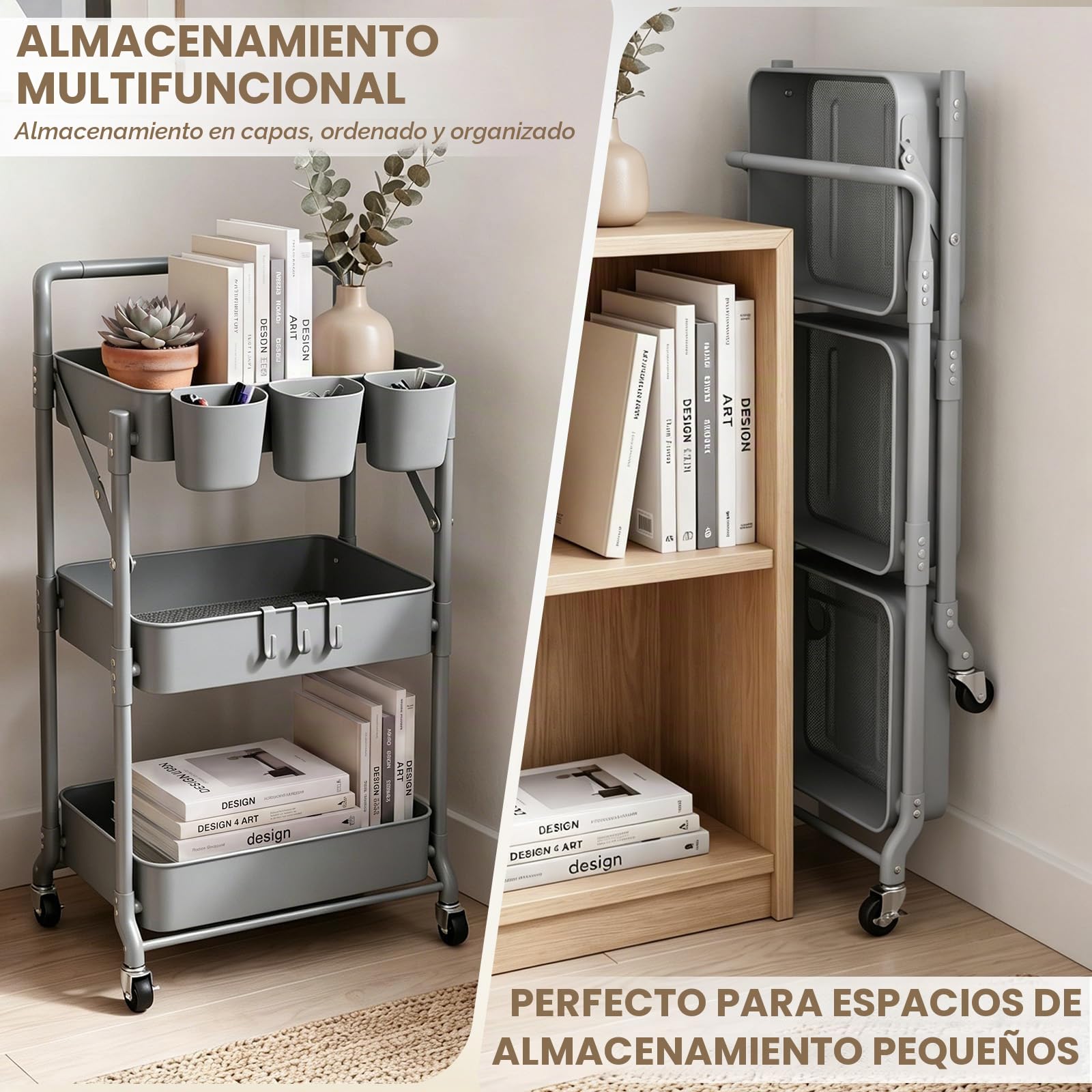 Plegable Carrito Auxiliar con Ruedas 3 Niveles ExtraíBle Estrecho Carro de Almacenamiento para Cocina Baño Jardin (Gris)