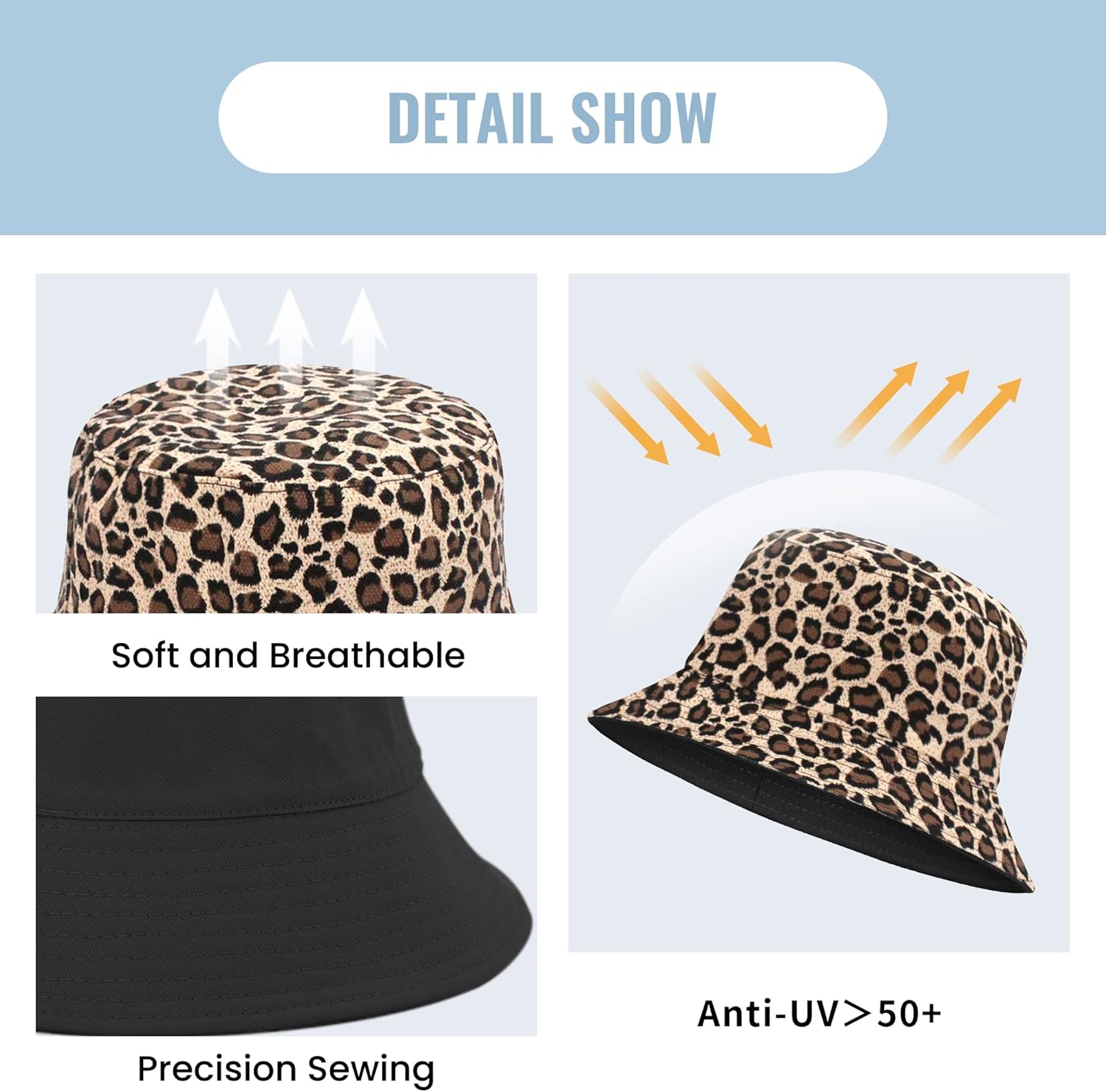 Reversible Leopard Bucket Hat Cotton Fisherman Cap Packable Cheetah Sun Hat for Women and Men - Image 3