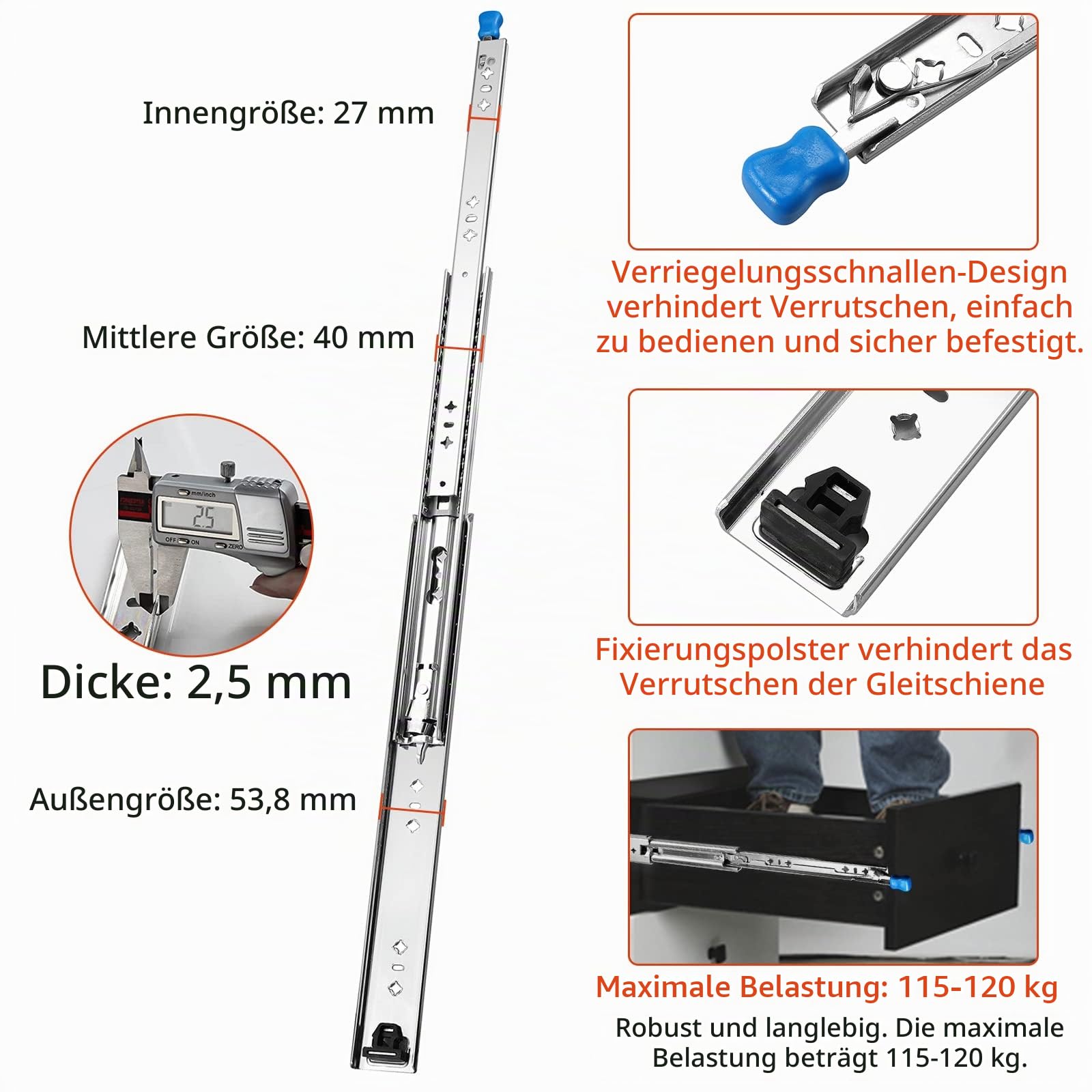 GETLITOOL 1 Paar (2 Stück) Schwerlast Schubladenschiene 500 mm, Schwerlastauszüge Vollauszug mit Lock-in/out Einrastfunktion Schwere Kugellager Schubladenschienen inkl. Schloss bis 120KG Tragkraft