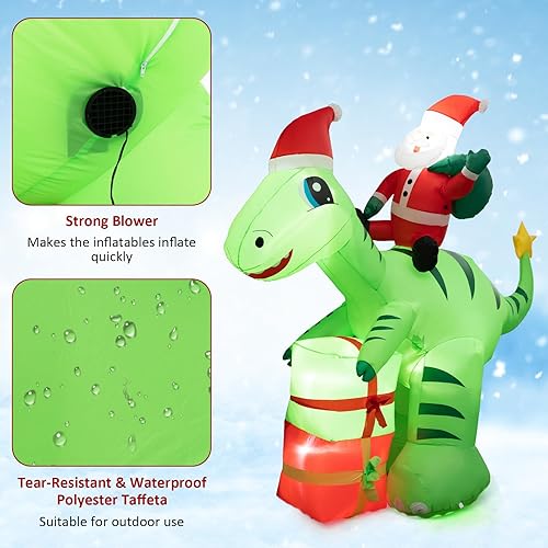 Vista 26 de Tangkula Dinosaurio inflable de Navidad de 6.8 pies, decoración inflable de Navidad con luces LED, caja de regalo y soplador impermeable, decoración
