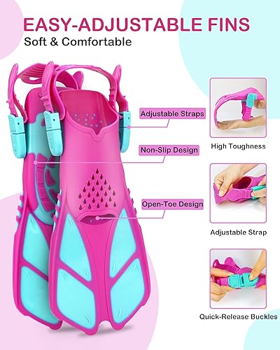 Miniatura 5 de Juego de esnórquel para niños, aletas de máscara de esnórquel panorámica+snorkel superior seco, aletas de natación ajustables, bolsa de malla,