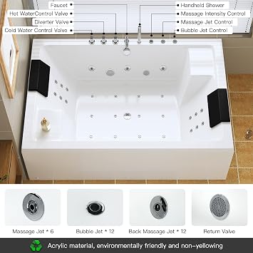 71 x 47-Inch Two-Person Whirlpool Bathtub - 30 Jets