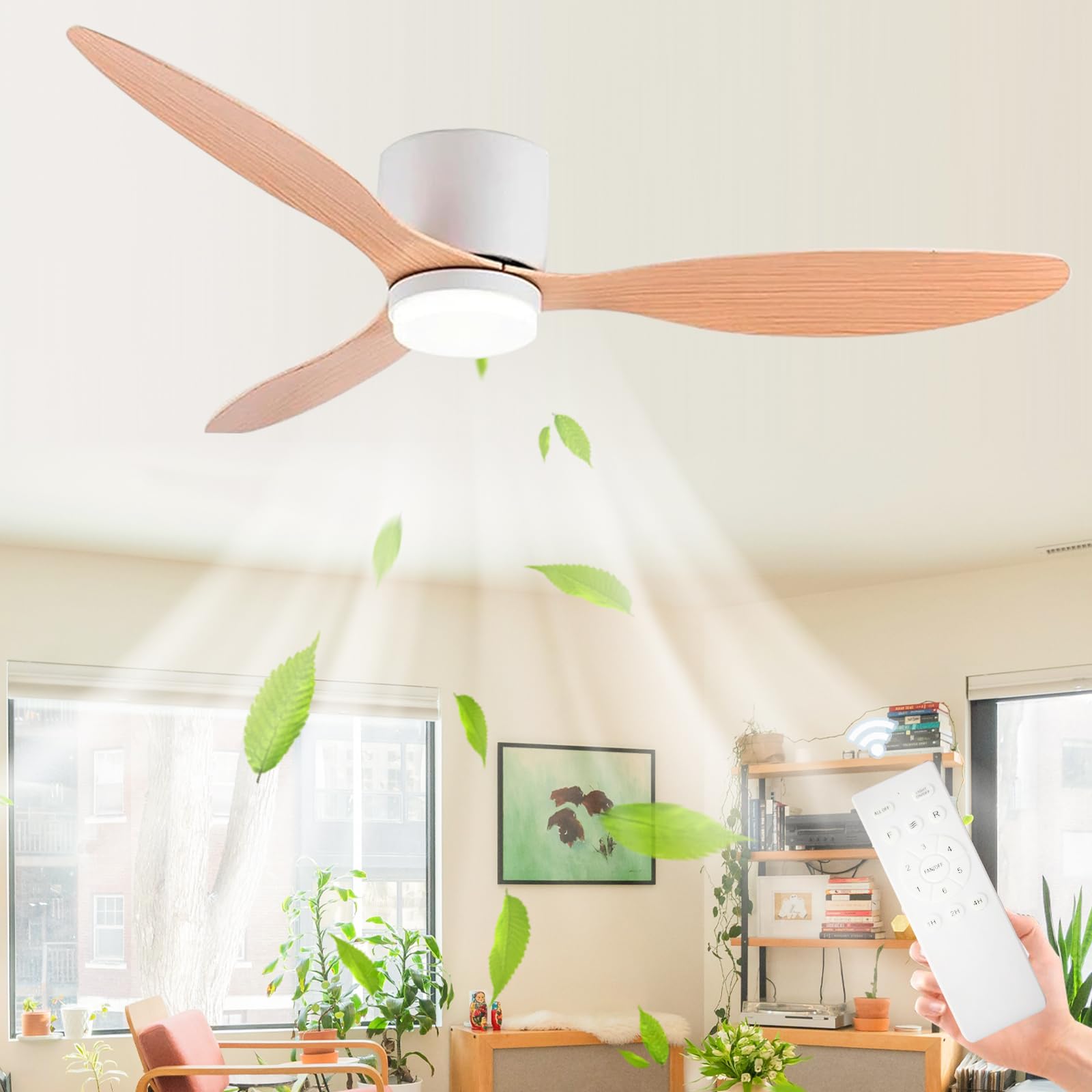 HXYSXHJUO 132CM Ceiling Fans with Lights, 3 Fan Blades Lamps, Quiet Light Remote,Reversible DC Motor, for Living Room, Bedroom,Lounge-Wood-52''