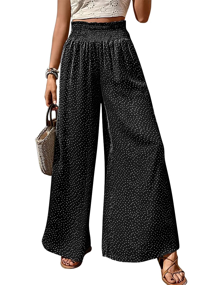 GOBLES Women's Casual Loose Fit Elastic High Waist Band Polka Dot Printed Long Pants with Pockets