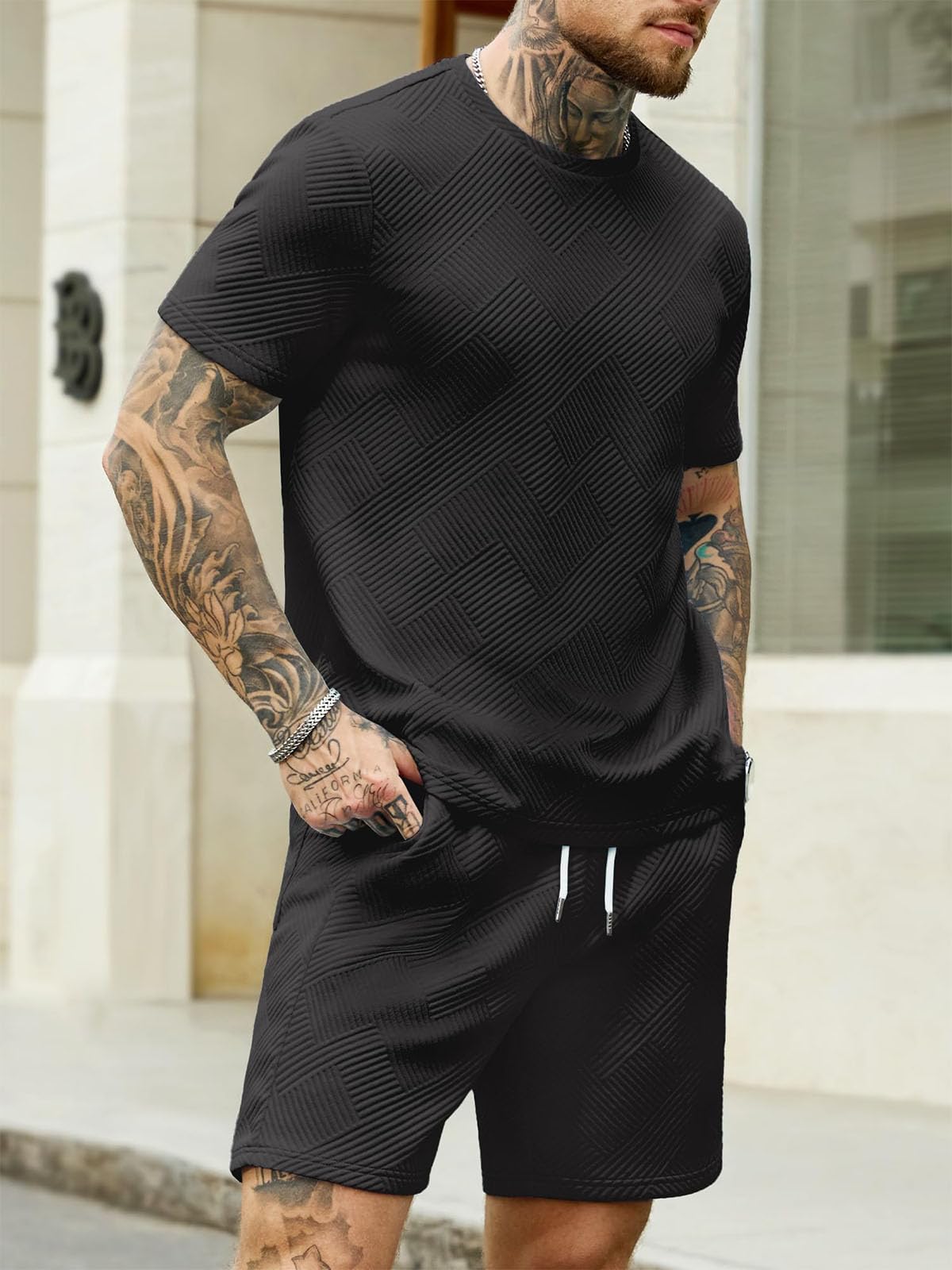 Survêtement Homme 2 Pièces Jacquard T-Shirt Manches Courtes Short Ensemble Ete