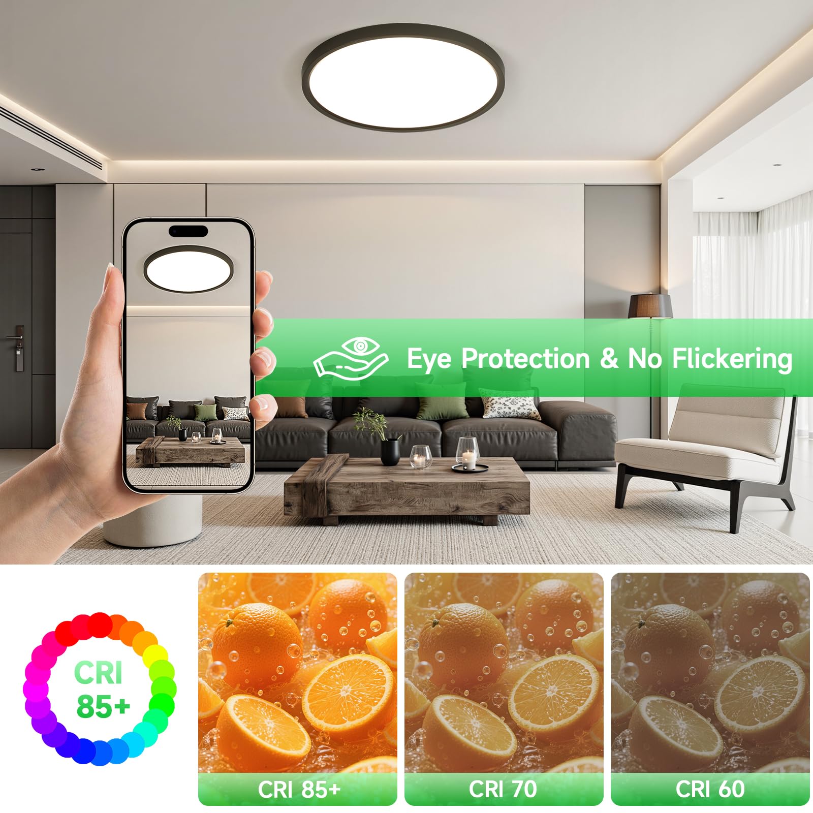 OTREN Lampa sufitowa LED do ściemniania 52 W, 5200 lm, z pilotem, trybem nocnym i funkcją pamięci, czarna 3000 K - 6500 K, wodoodporna IP44, do łazienki, kuchni i sypialni, 50 cm