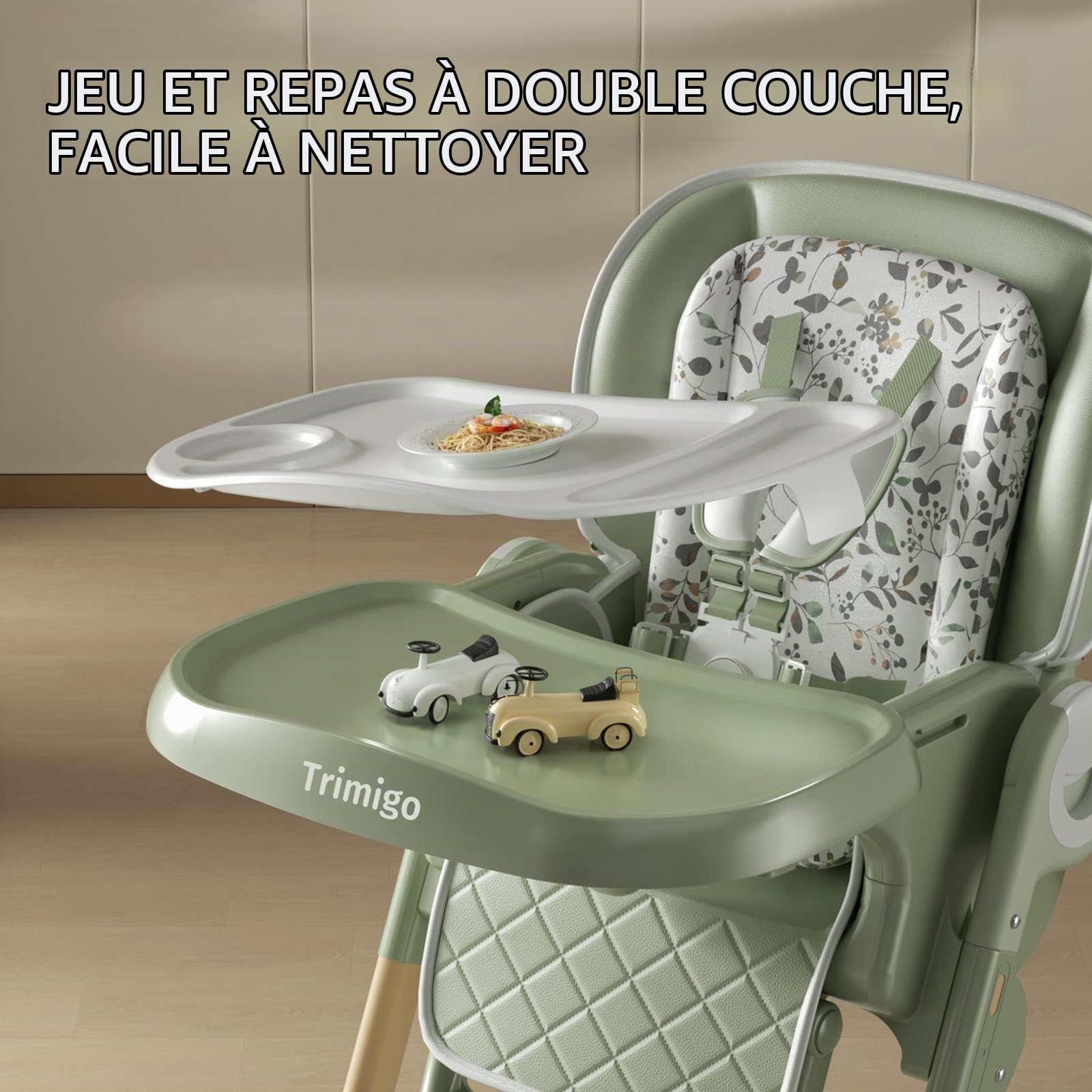 Chaise Haute Bébé Évolutive 0-3 Ans, Pliable, 7 Positions Hauteur, 3 Réglages Plateau, Dossier Inclinable 4 Positions, Plateau double couche amovible, Assise en Similicuir (Vert sauge)