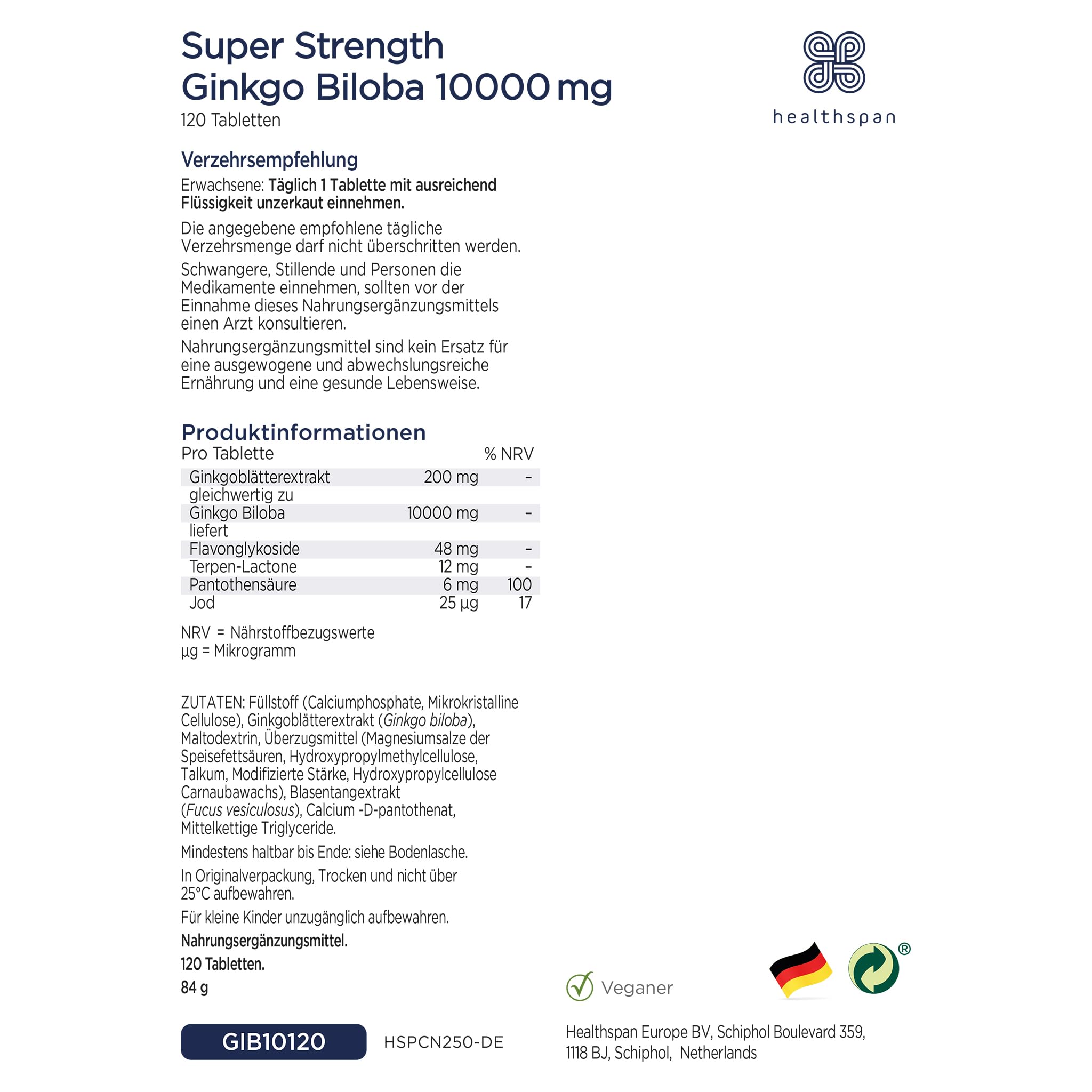 Healthspan Ginkgo Biloba 10.000 mg | Stärkt die kognitive Funktion & geistige Leistungsfähigkeit | Reduziert Müdigkeit | Jod und Vitamin B5 | Mit Flavonglykosiden | Vegan | 120 Tabletten