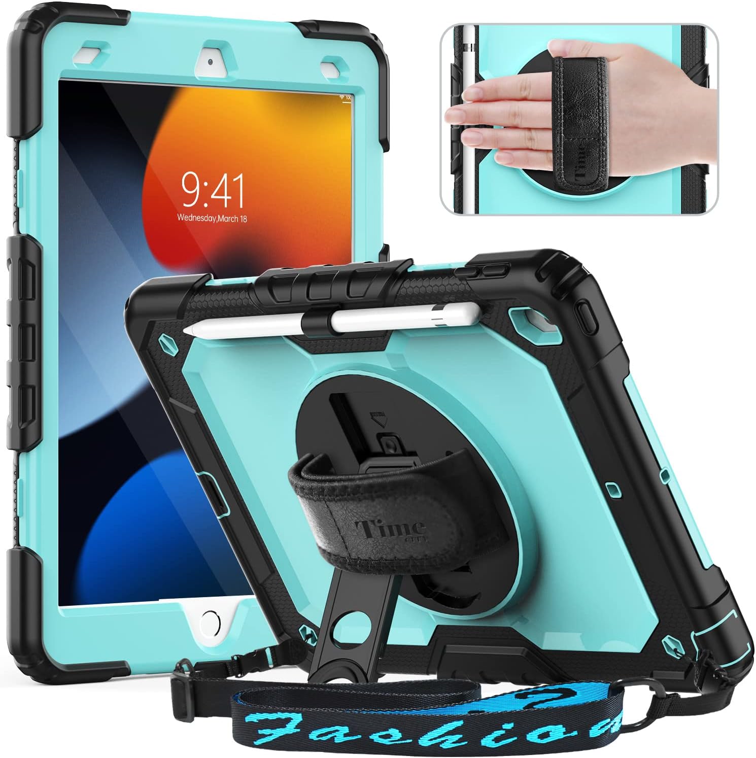 Timecity for iPad 9th 8th 7th Generation Case, iPad 10.2 Case, Shockproof Sturdy Cover with 360 Rotating Hand Strap/Pencil Holder/Screen Protector/Stand, Heavy Duty iPad 9/8/7 Case - Light Blue